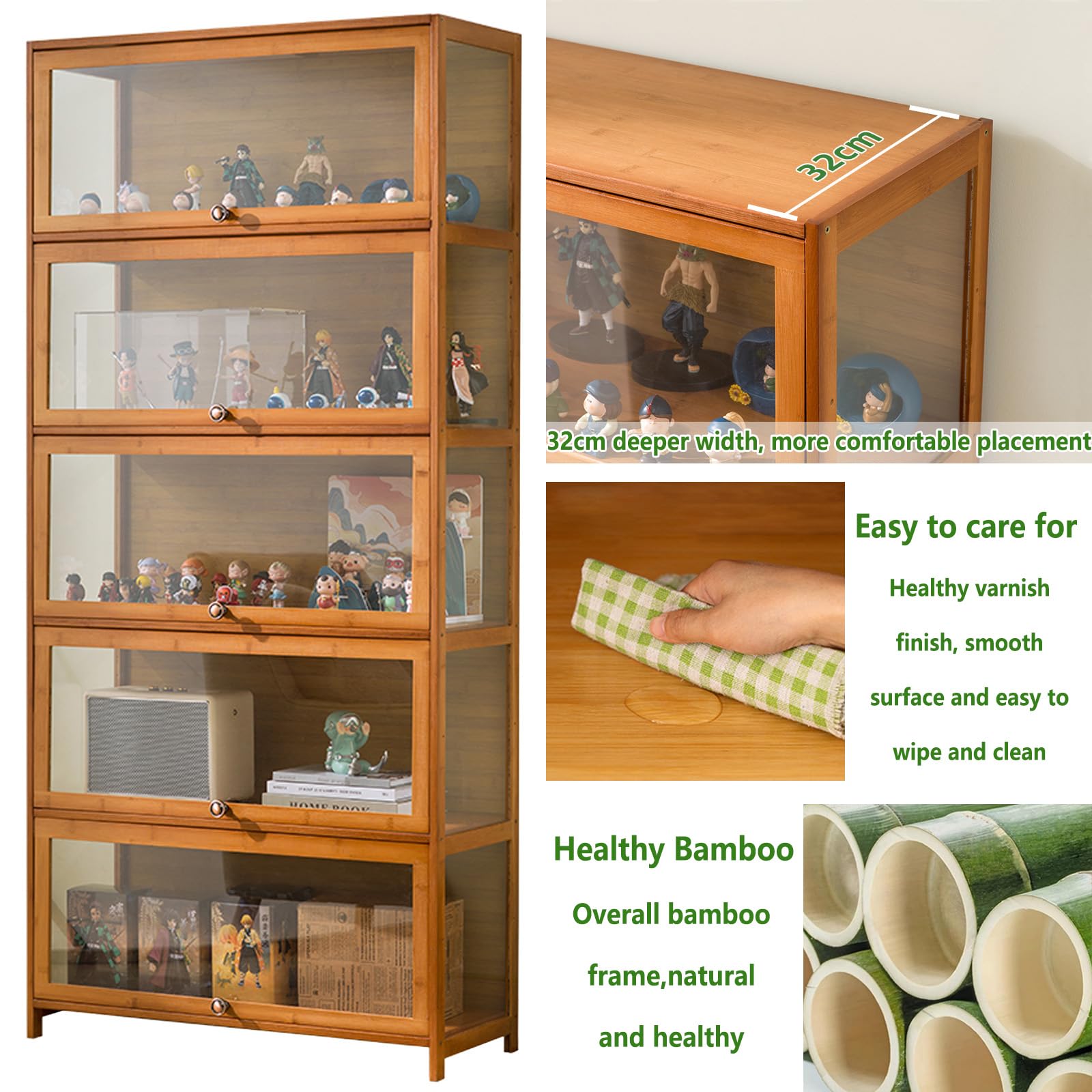 Vitrinenschrank Bambus-Aufbewahrungsschrank, Vitrine mit AcryltüR, Curio-SchräNke, Flip-Schranktür-Design, ist staubdicht und leicht zu reinigen Sich für Schlafzimme Eckvitrine-Coffee(60×32×40cm)