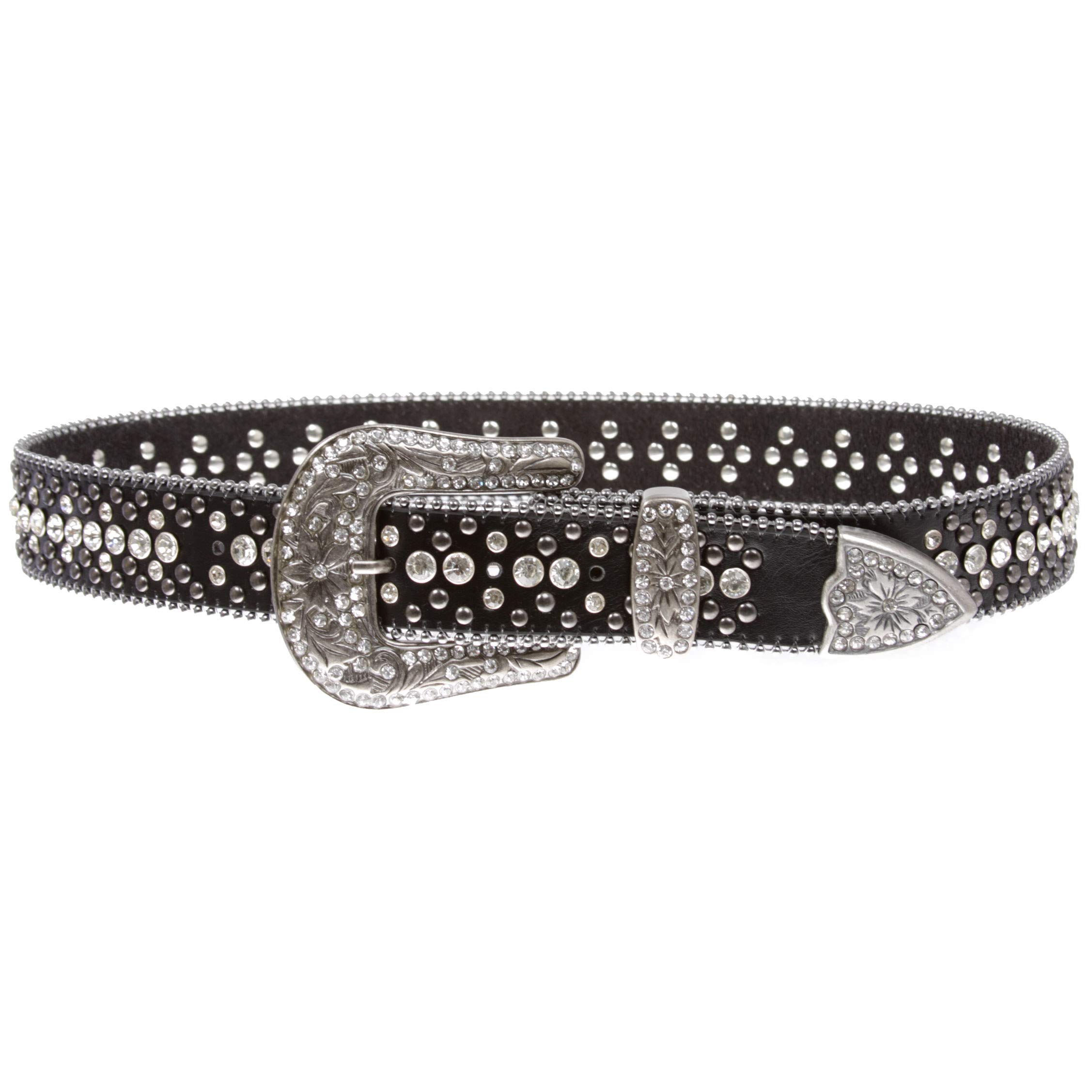 Snap On Rhinestone and Gun Metal Color Circle Studded Leather Belt, Black | 30