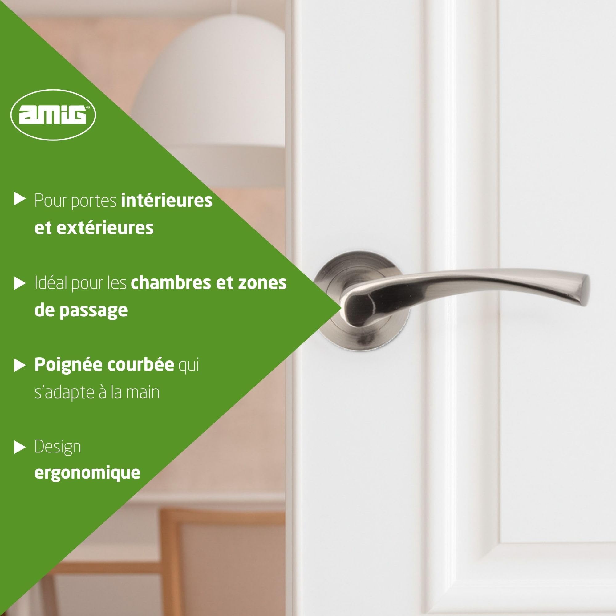Amig - Lot de 4 poignées de porte avec rosace en Zamak Mod. ISHI RX, 52 mm, carré de 8 mm, design élégant et simple, aluminium nickel brossé