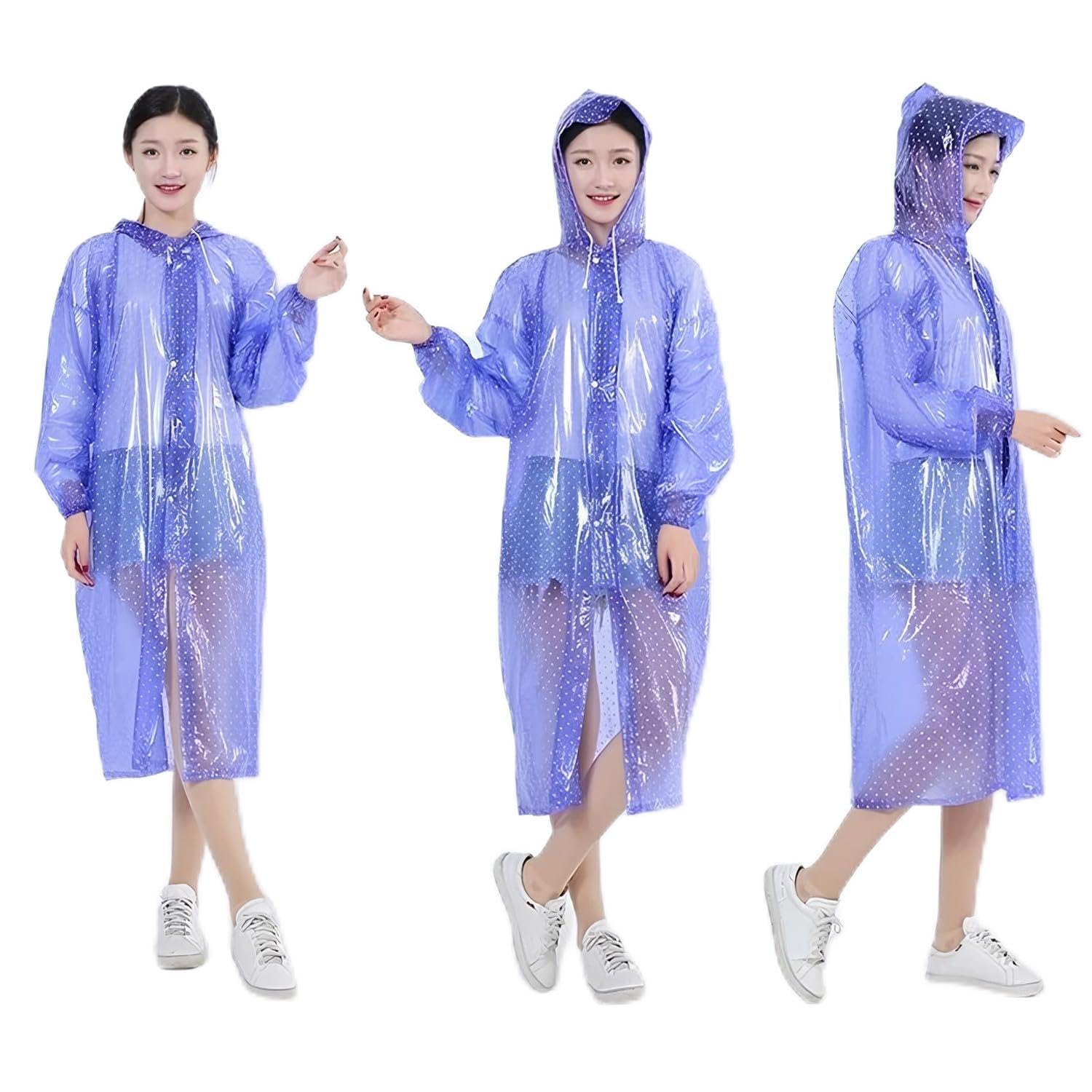 HACER PVC Raincoat Transparent Hooded Water Resistant Rain Jacket with Sleeves for Women Men Camping Rainy Season Travel - Blue-image-9