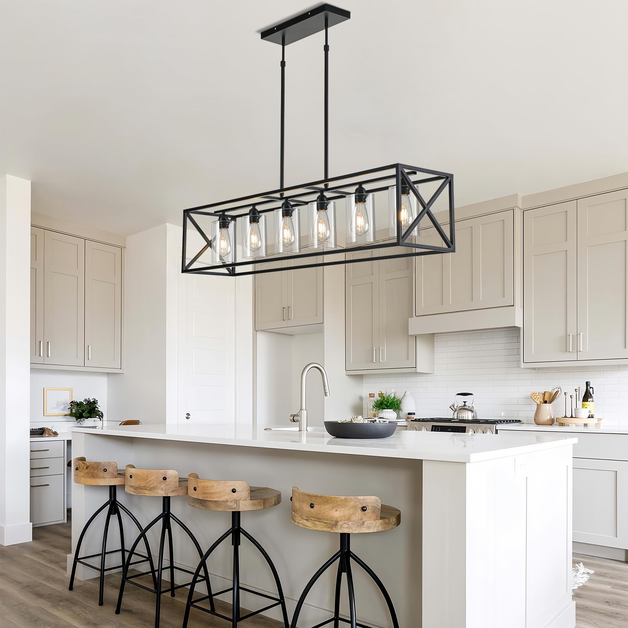 Modern Chandeliers Brushed Nickel Dining Room Lighting Fixtures Hanging Rectangular bar Kitchen Island Pendant Lights Industrial Flush Mount Ceiling Light Glass Shade with 6 x 5W Bulbs (Black)