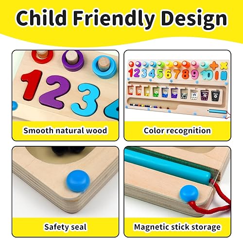 Miniatura 6 de Laberinto magnético de colores, 3 en 1, laberinto magnético de color y número y rompecabezas de números de madera, juguetes de clasificación de