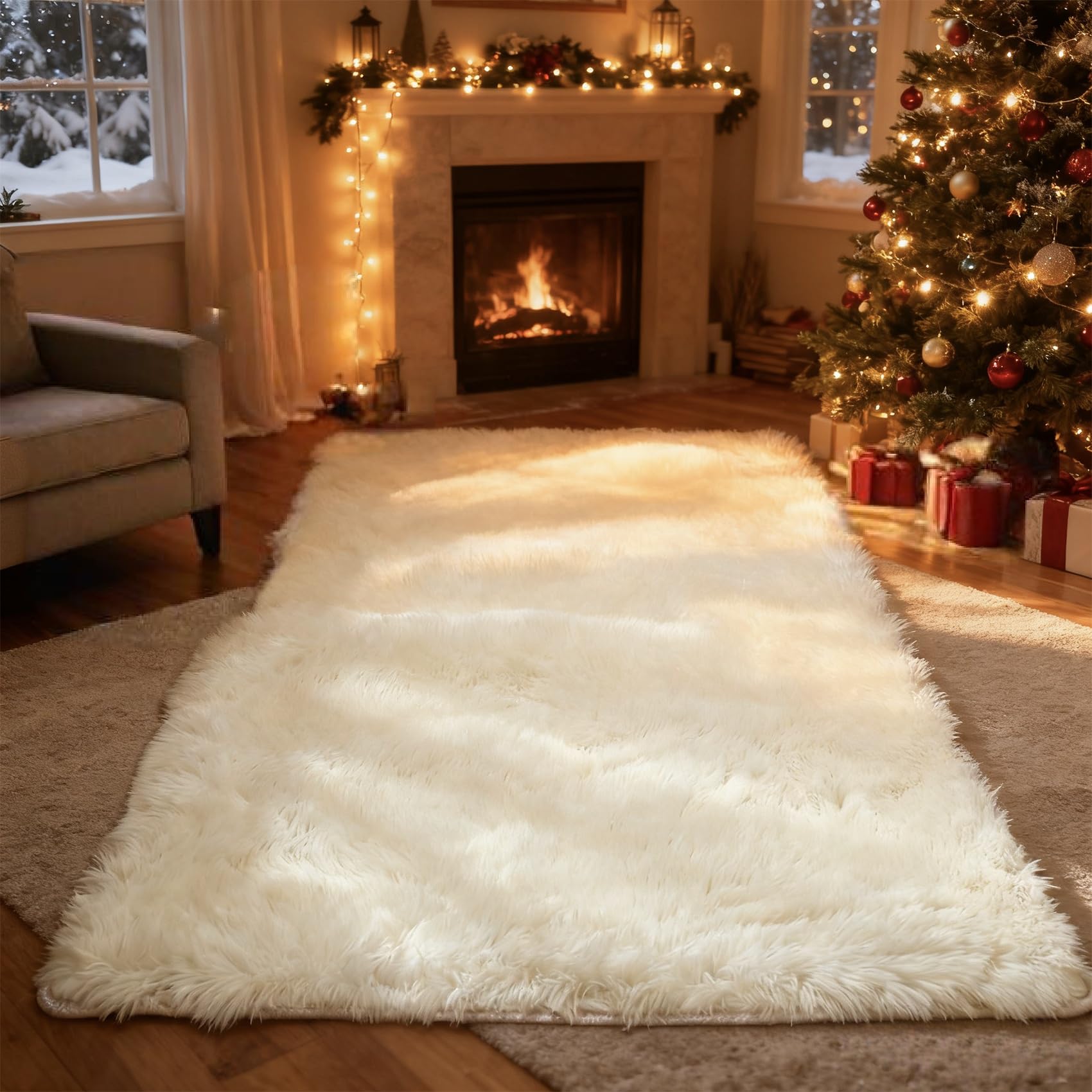 Tapis de salon blanc à poils longs pour créer un coin cocooning chaleureux