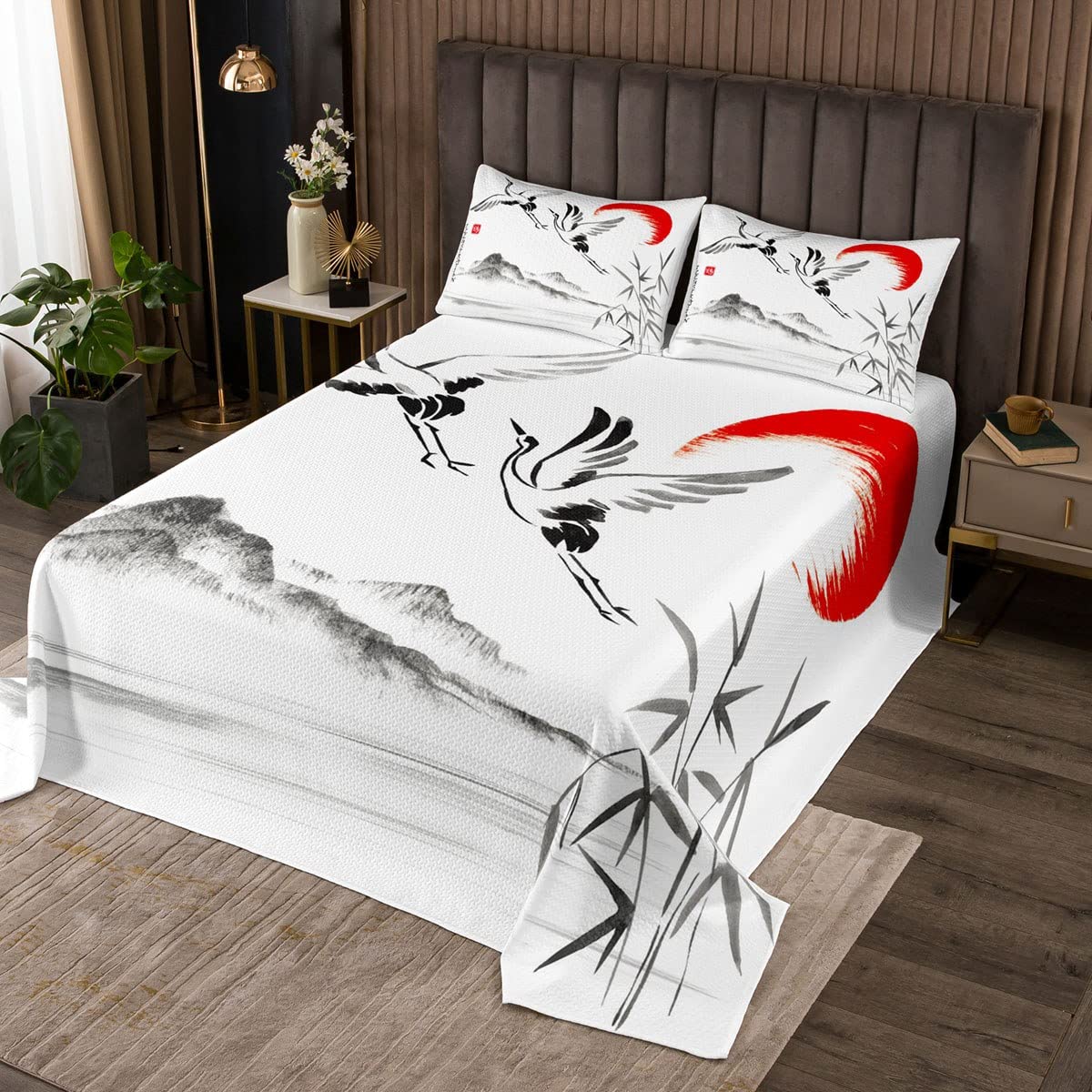 Homemissing Boys Multicolored 7 Cranes Quilted Coverlet Set Japanese Ukiyoe Watercolor Quilted Bedspread For Kids Girls Mount Fuji Bamboo Sun Japanese Exotic Style 3Pcs King Size