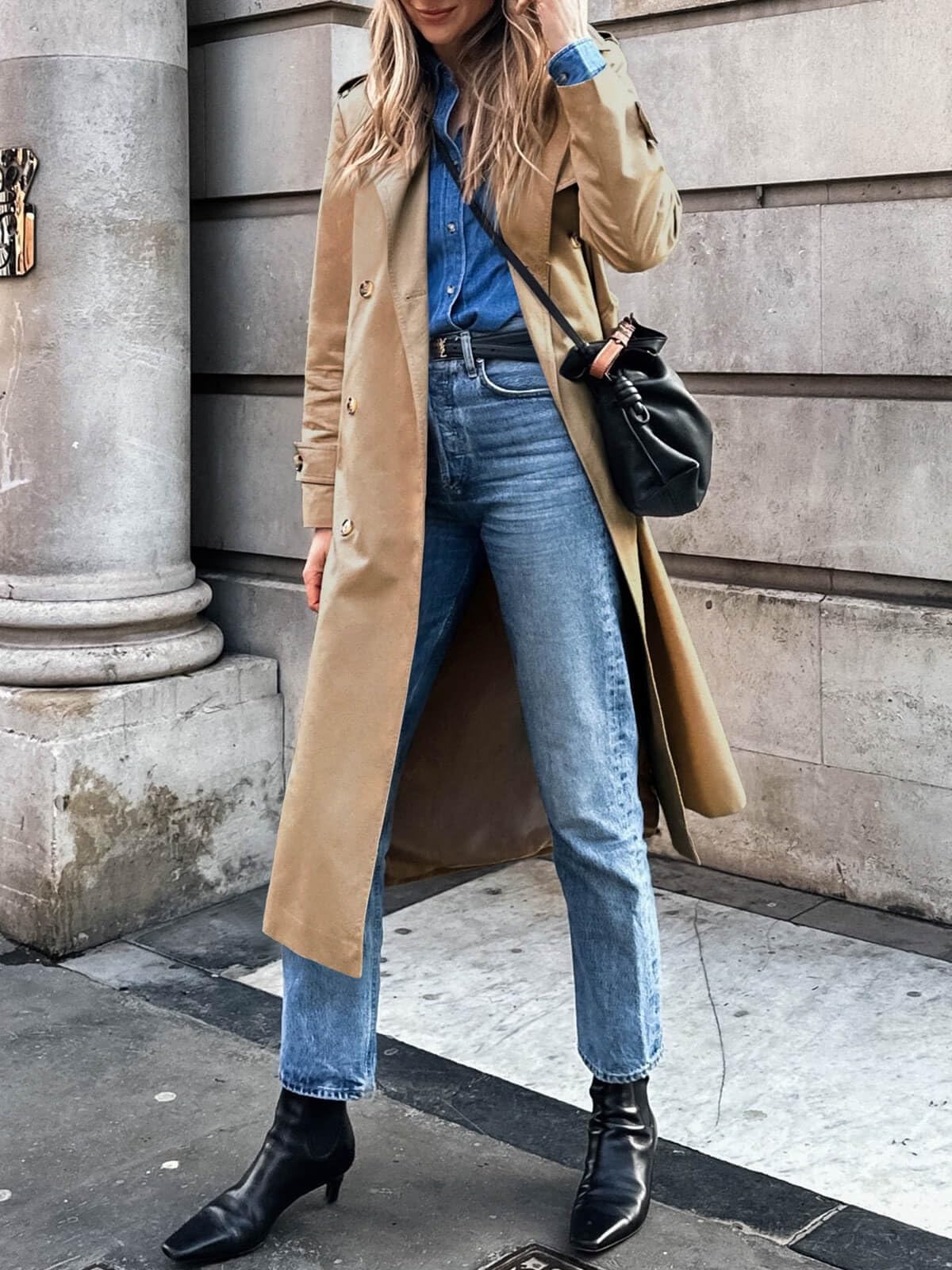 Cicy Bell Langer Damen-Trenchcoat, zweireihig, klassischer Revers, Herbstmantel mit Gürtel