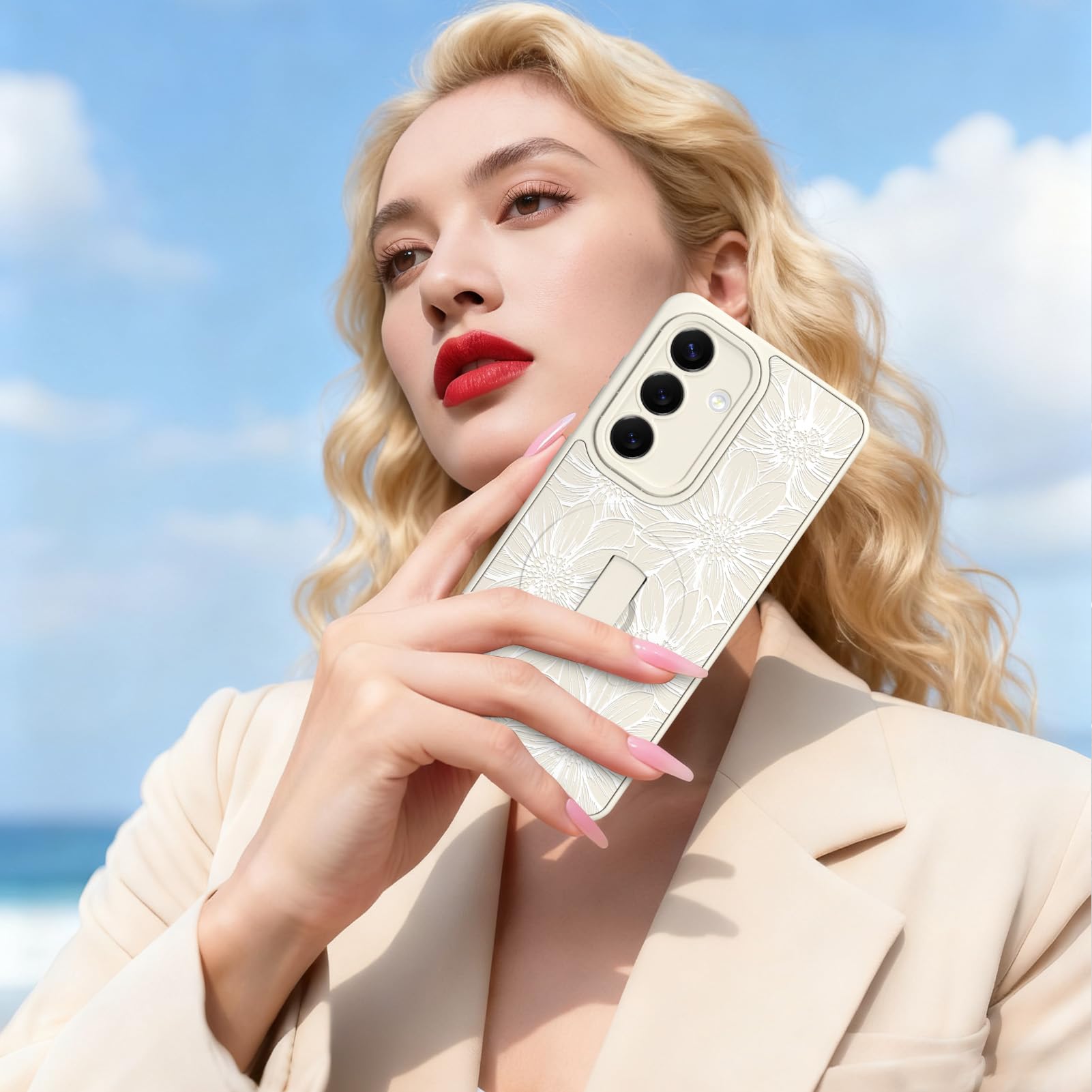 MZELQ Funda de silicona para Samsung Galaxy S26, diseño floral de girasol, soporte para MagSafe, protección de cámara, suave, delgada, para niñas y mujeres, color blanco