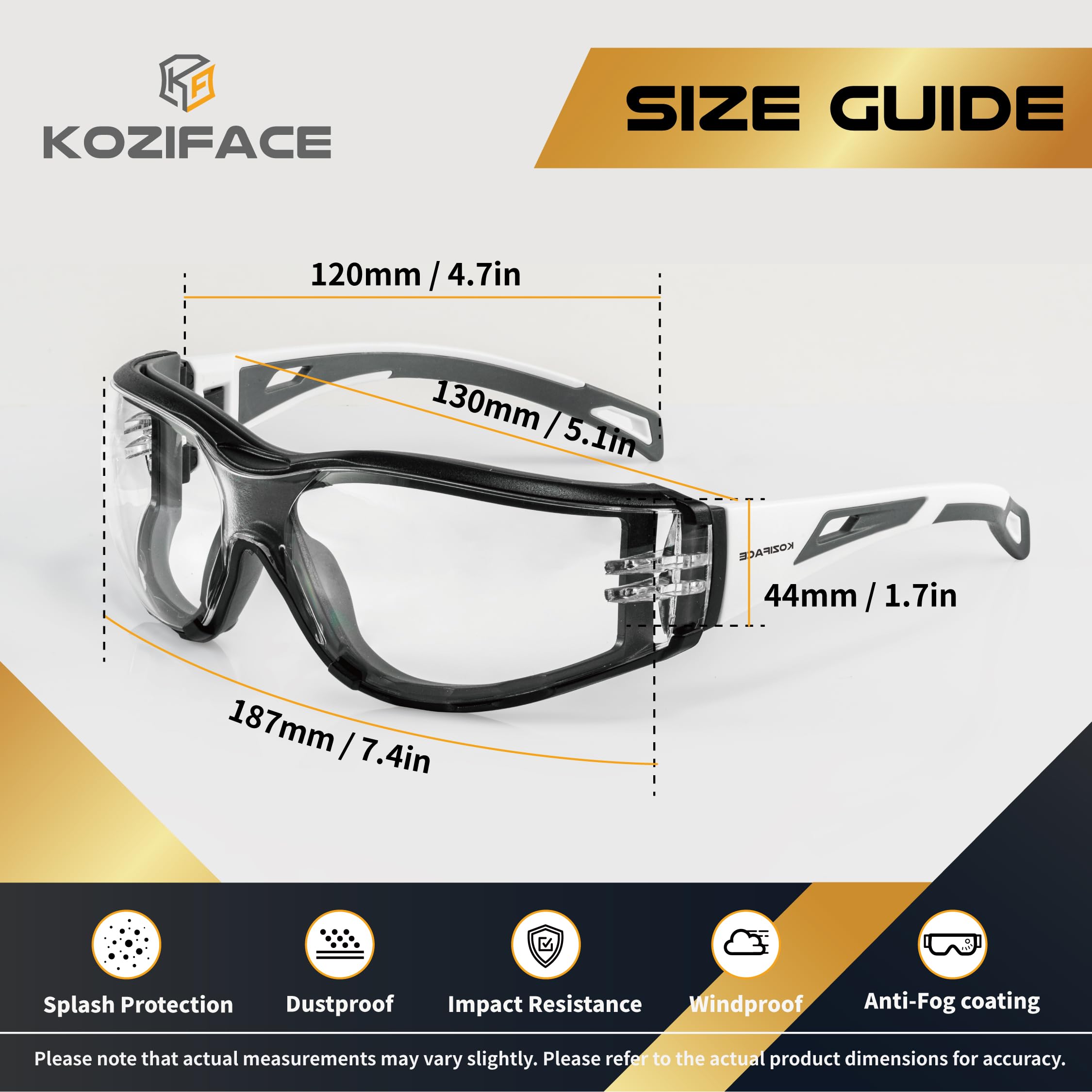 Koziface Okulary ochronne S30 dla mężczyzn i kobiet, regulowany, elastyczny pasek i ramiona, 2 sposoby noszenia, stylowe, czarne, białe, ochronne, przeciwmgielne, antypoślizgowe, ANSI Z87.1, do użytku