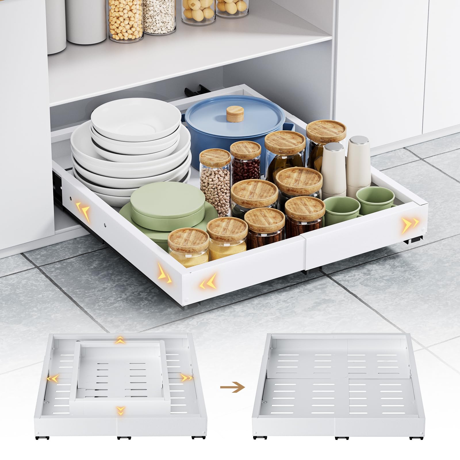 Organizador de gabinete extraíble, ancho (11-19 pulgadas) profundidad (16-22 pulgadas), 4 lados expandibles, 3 rieles deslizantes, cajones deslizantes fijados con nano película adhesiva o clavos para