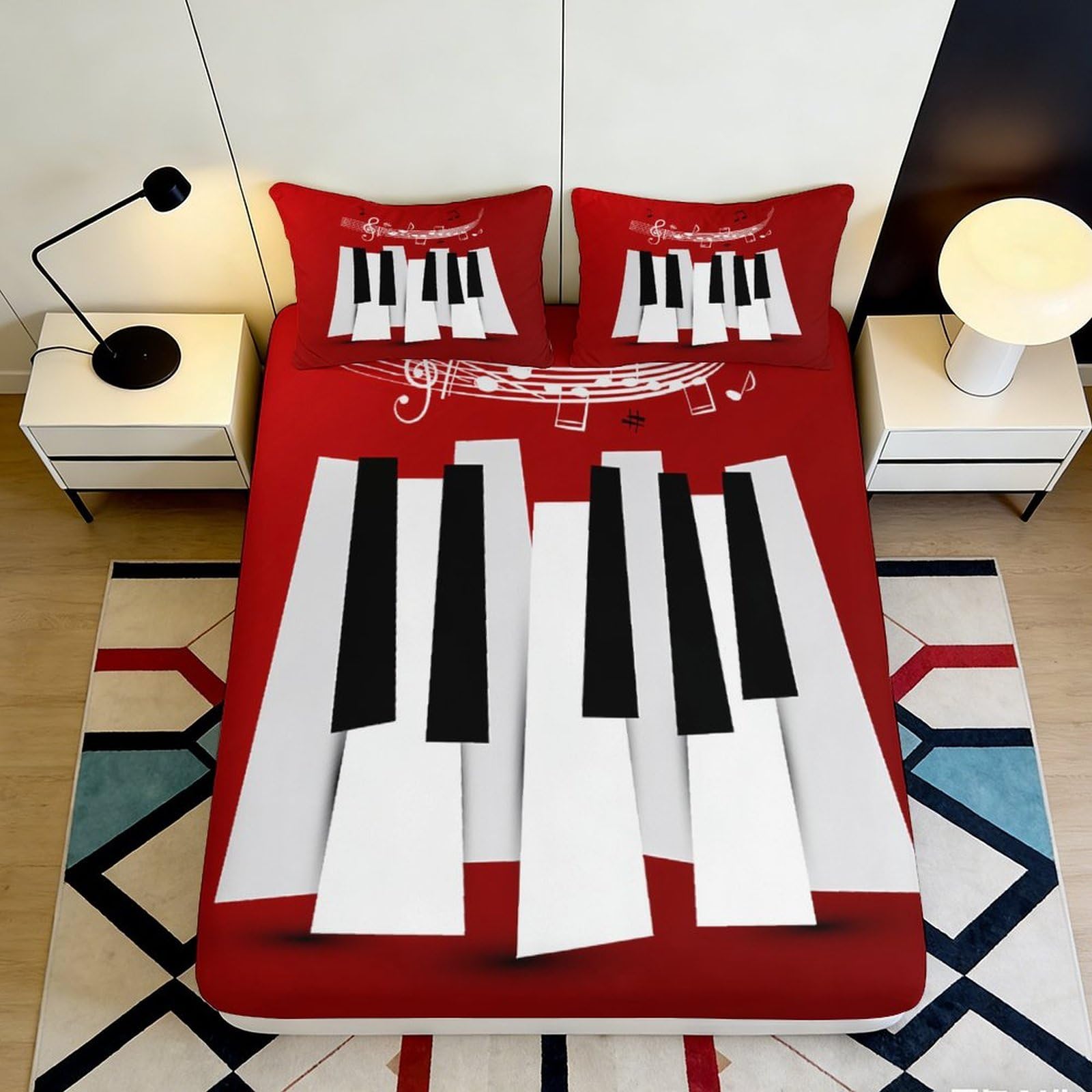 3D Printed Piano Keyboard Fitted Sheet Microfiber Red Musical Notes Bed Cover for Bedroom Dorm Decor Mattress Protection 90x200x25cm