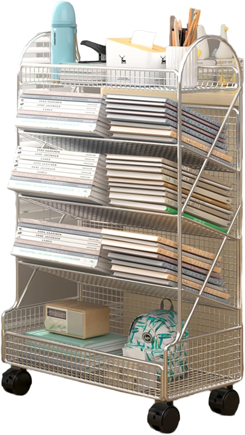 Mobile Bookshelf Cart, Rolling Bookshelf Cart Office Paper Organizer Double Sided Storage Corner Display Rack Magazine Rack for Narrow Spaces,White,42x23x65cm