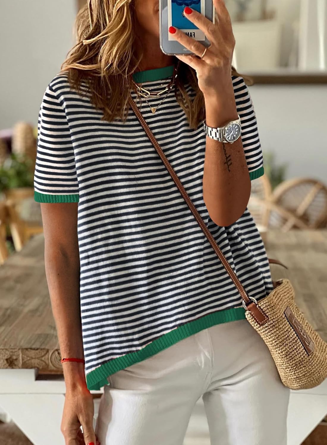 Womens Sweaters Casual Crewneck Short Sleeve Striped Color Block Knitted Cotton Trendy Pullover Sweater Tops - Image 2