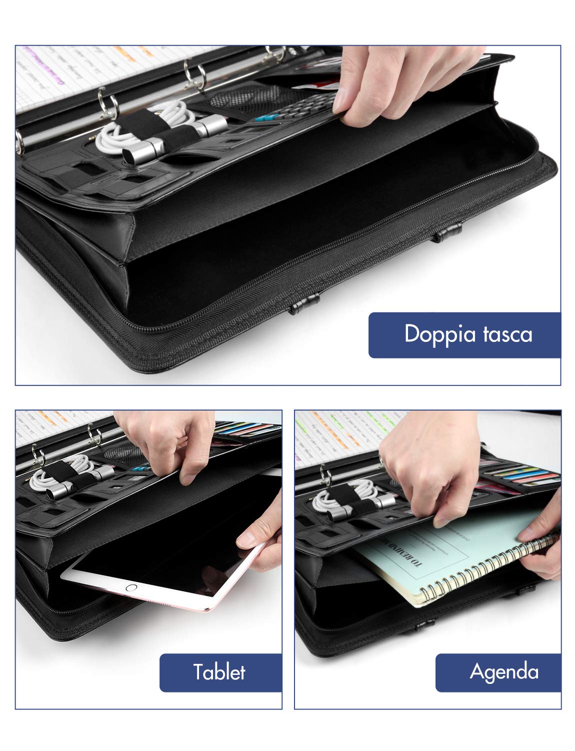 LOETAD Cartella Portadocumenti A4 con Cerniera Pelle Impermeabile Organizer da Viaggio con Portablocco Raccoglitore ad Anelli