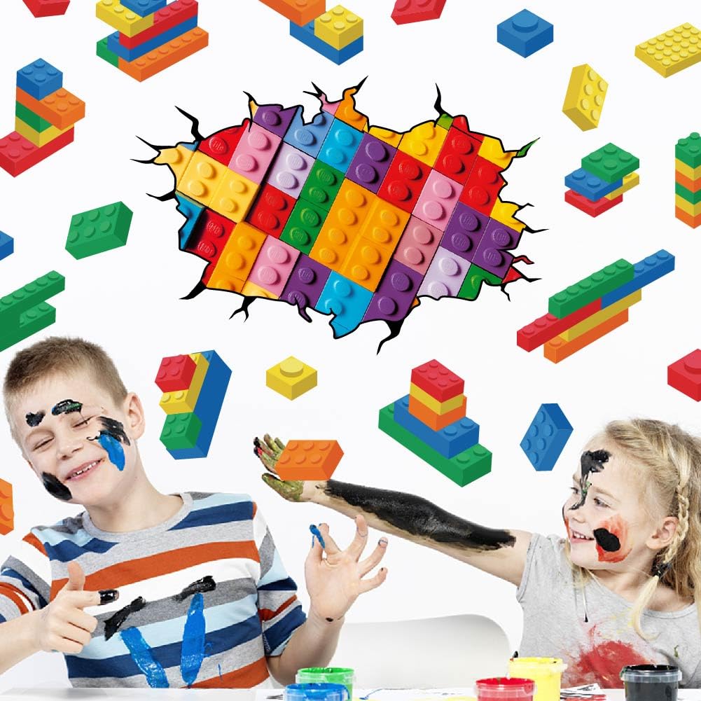 SUPERDANT Building Blocks Wall Stickers Colorful Blocks Wall Decals Vinyl Art Decor DIY Break Through the Wall Mural for Nursery Children's Room School Bedroom Playroom Classroom
