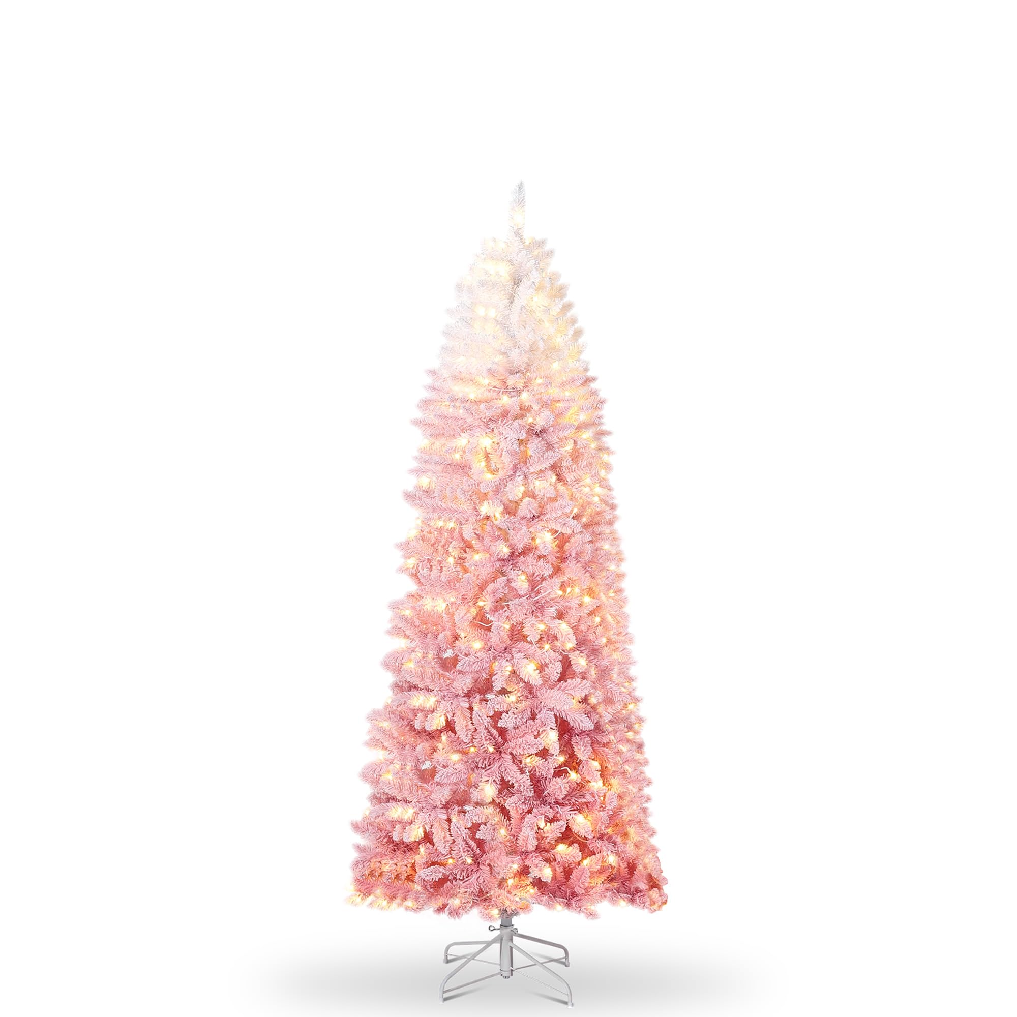 Ronipic 6Ft Gradient Snow Flocked Pencil Christmas Tree,Slim Artificial Xmas Tree with 260 Warm & RGB Lights,Elegant Skinny Christmas Decoration for Home, Living Room,or Office,Pink