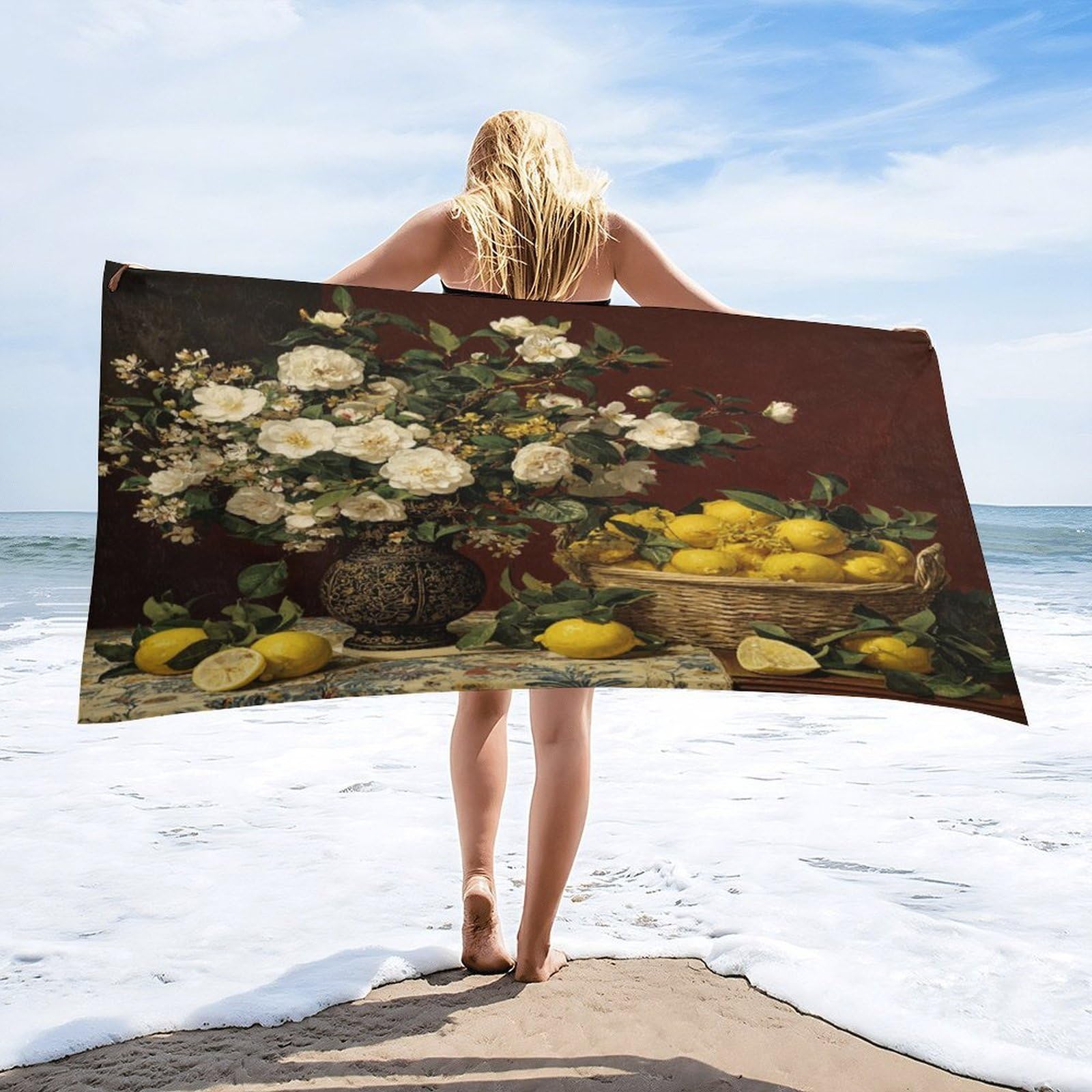 Luyysky Classic Colorful Fruit Lemon Quick-Drying Beach Towel, Vintage Abstract Italian Theme Plant Flower Tropical Lemon Travel Vacation Single Sided Pile Bathroom Towels-80 W Cm X 160" L Cm