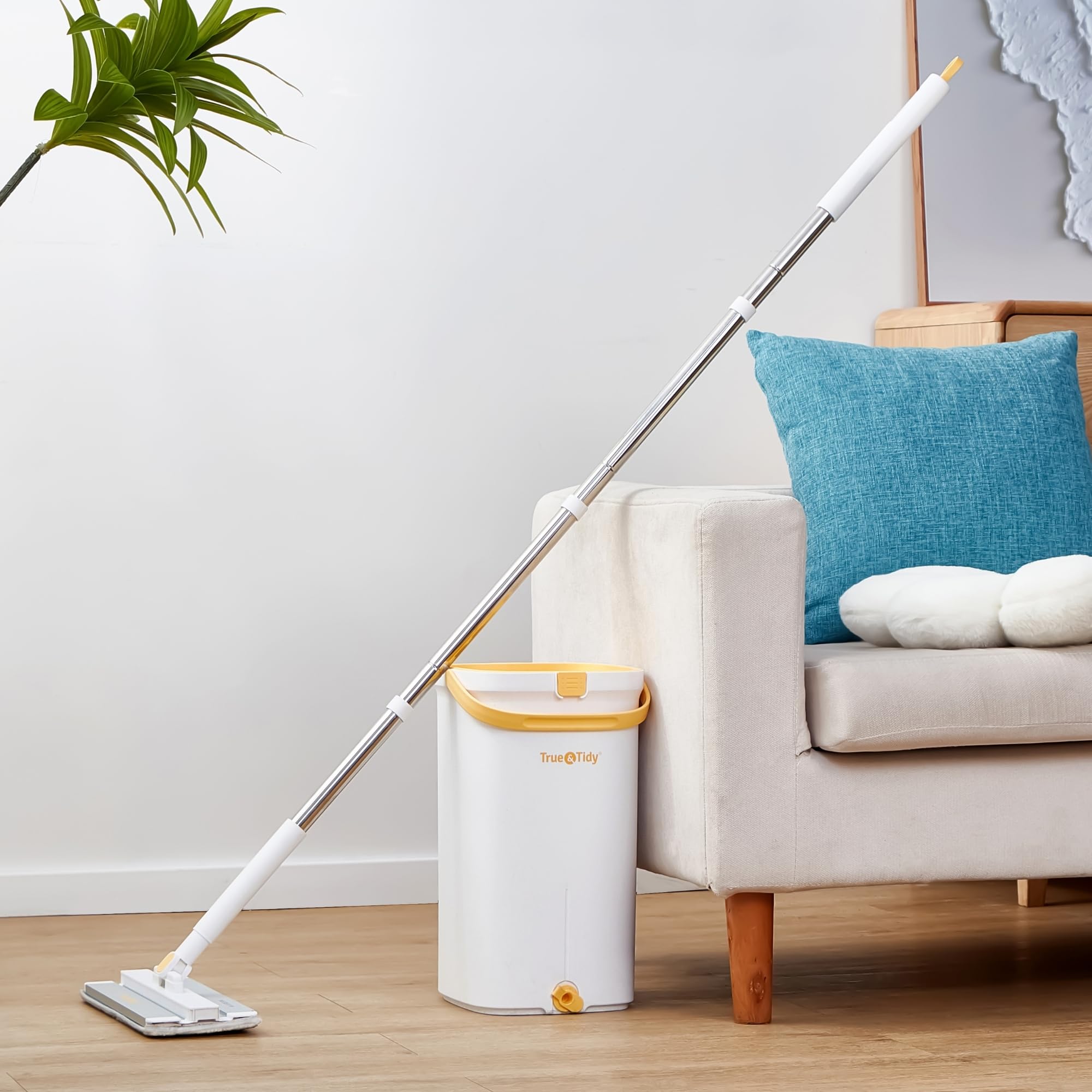 Juego de fregona y Cubo con Sistema de Bomba para el hogar, autolimpieza Manos Libres con 3 Compartimentos para Separar la Limpieza del Agua Sucia, con 2 Almohadillas de Microfibra Lavables a máquina