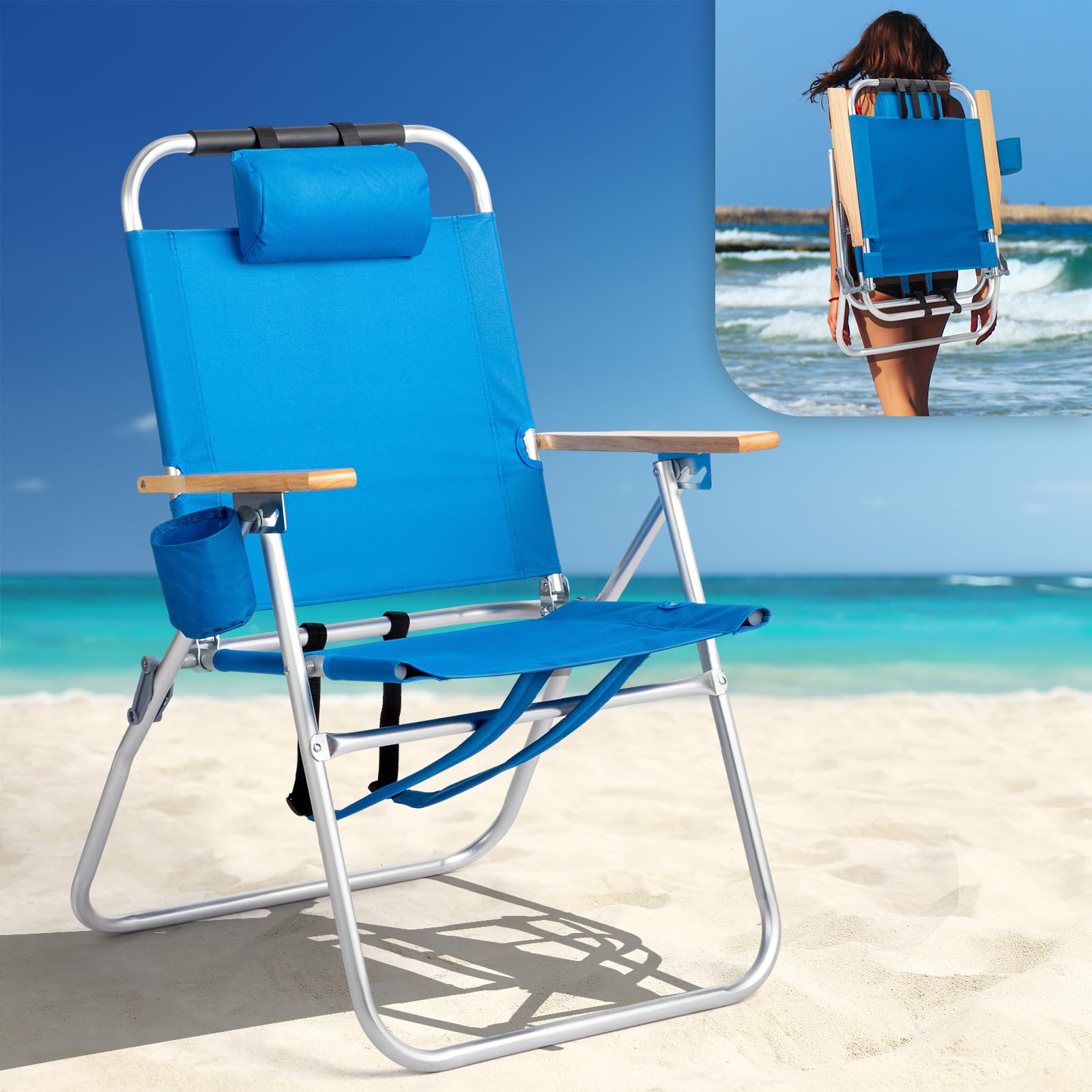 VINGLI Spiaggina Pieghevole e Portatile in Tessuto Oxford 3kg, Sedia Mare Regolabile in 3 Posizioni con Tracolla, Cuscino e Braccioli, Sdraio da Giardino, Balcone e Spiaggia, Blu
