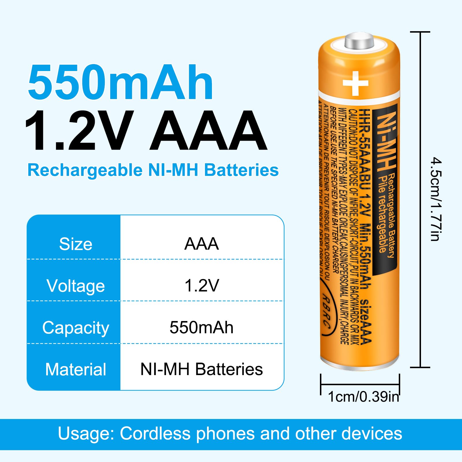 Piles rechargeables AAA 550 mAh 1,2 V Ni-MH pour téléphone sans fil Panasonic | Lot de 4 batteries de rechange HHR-55AAABU préchargées pour téléphones BT Gigaset DECT