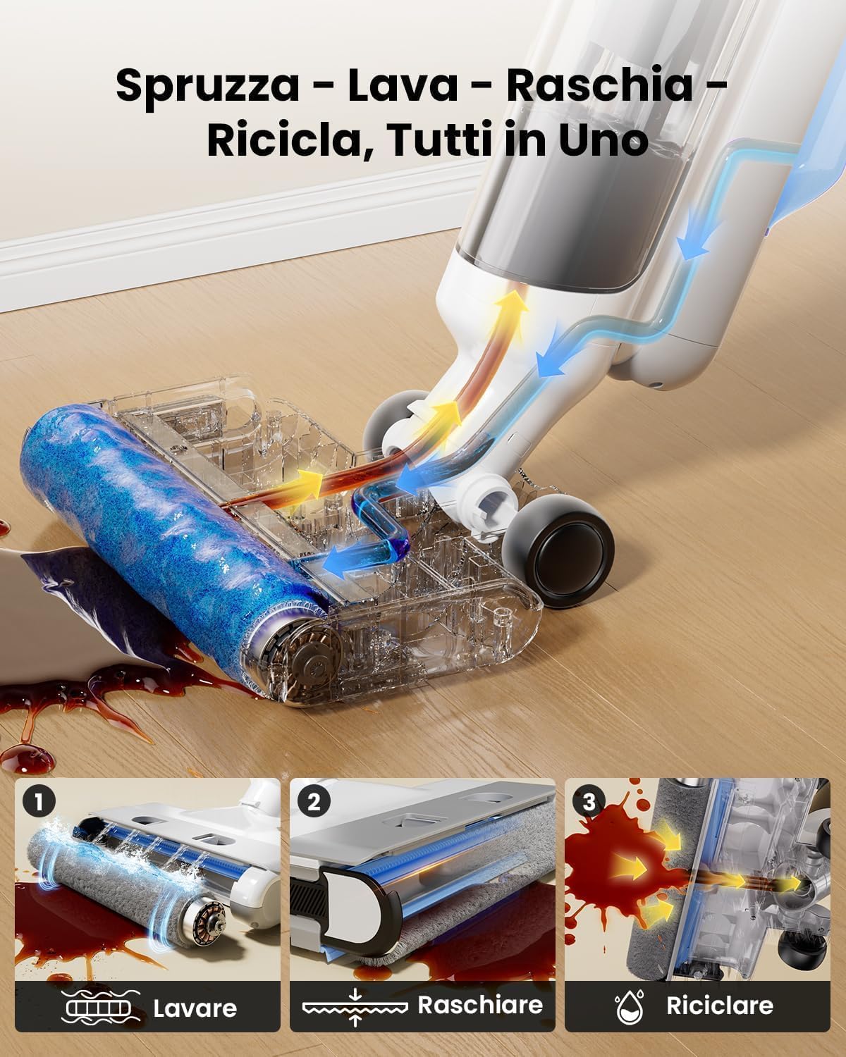 Proscenic F10 Ultra Aspirapolvere senza fili Lavapavimenti 3-in-1, per Solidi e Liquidi da 60 Minuti, Aspirapolvere Leggero per Solidi e Liquidi 1,3L, Autopulente, pulizia di Angoli e Bordi