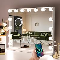 Hansong Hollywood Sminkasztal Tükör 15 LED Izzóval - Sminktükör 3 Színhőmérséklettel, USB Kimenettel, Érintésérzékelős, 58x46 cm, Fehér 1