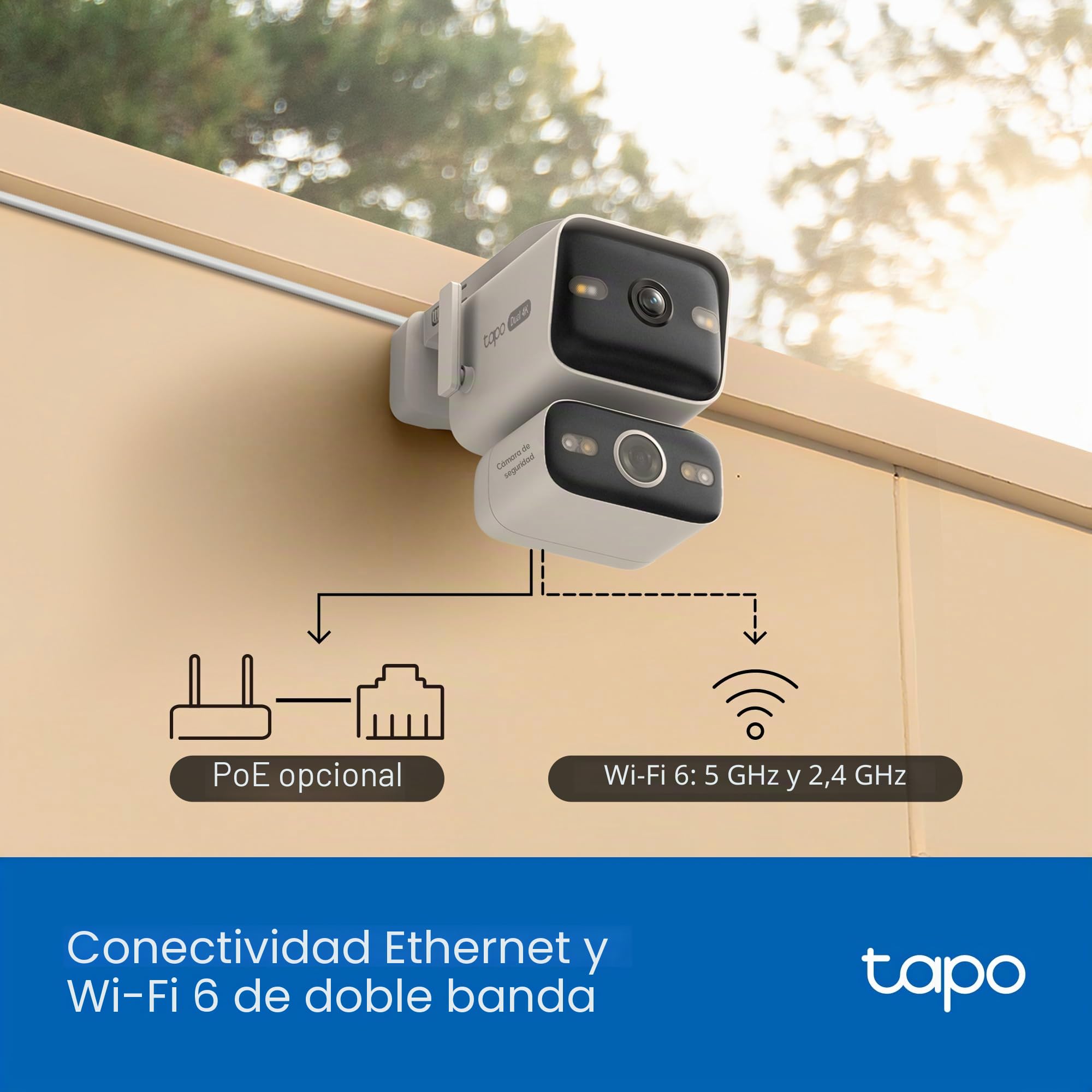 Tapo C575D - Cámara de Vigilancia Exterior WiFi 4K Doble Lente, Visión 170°, PTZ 360°, Seguimiento Inteligente IA, Visión Nocturna Color, PoE, IP66, Audio Bidireccional