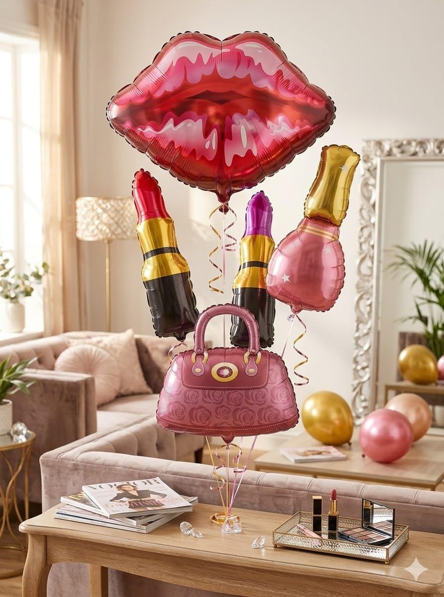 Atpata Funky Makeup Theme Foil Balloons Set of 5 – Lipstick, Lips & Handbag Shape Balloons | Glam Party Decoration Kit for Girls Birthday, Bridal Decoration & Bachelorette Decor-image-44