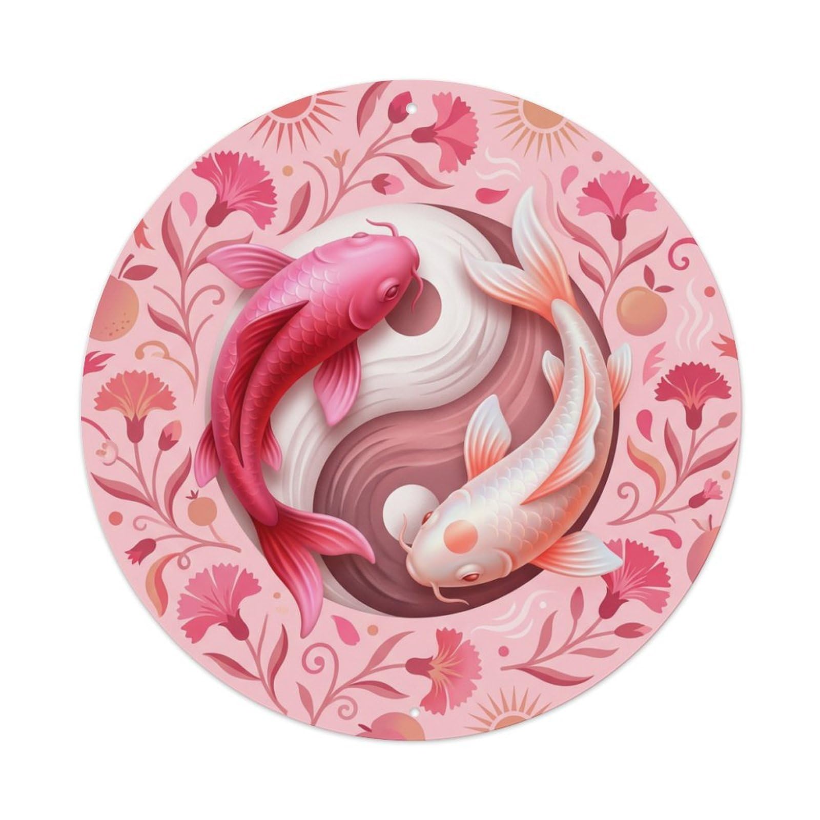 Metal Tin Sign Tai Chi Koi Fish Dianthus Flower