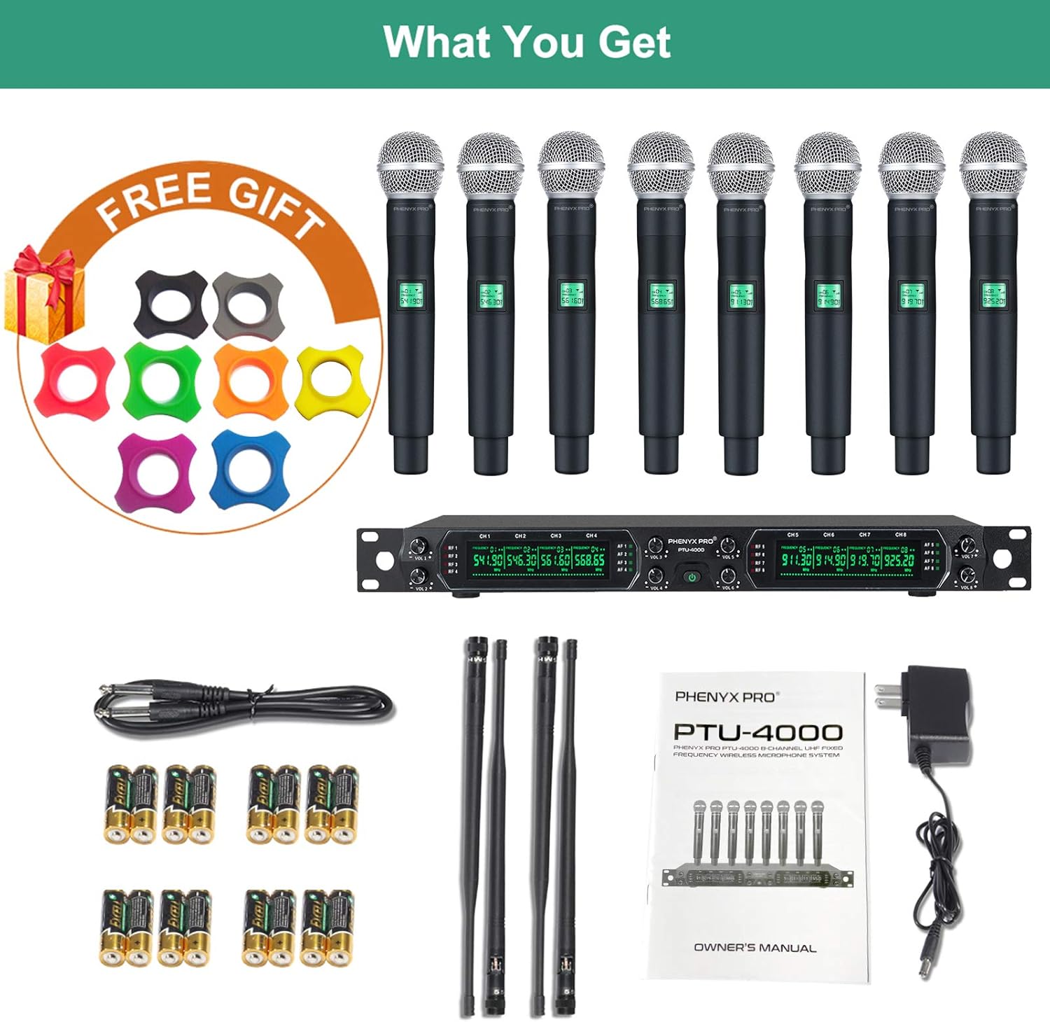 Wireless Microphone System, Phenyx Pro 8-Channel UHF Cordless Mic Set with Eight Handheld Mics, Fixed Frequency, All Metal Build, Long Range 260ft, Ideal for Karaoke,Church,Events (PTU-4000A) : Musical Instruments