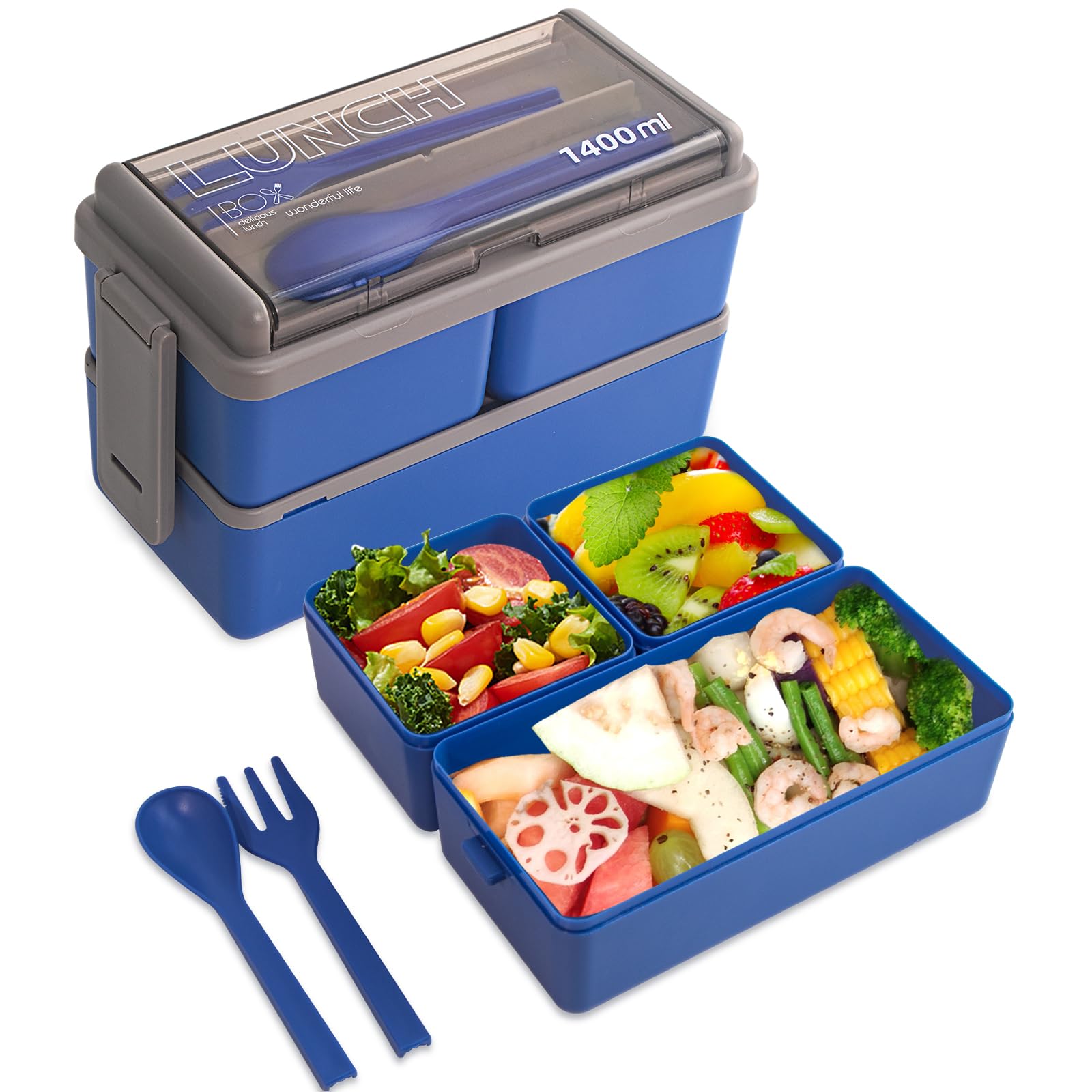 NatraProw Bento Box for kids and Adult, All-in-One Stackable Lunch Box with 3 Compartments, 2 Layers Bento lunch box Containers with Utensil Set, Microwave and Dishwasher Safe (Blue)