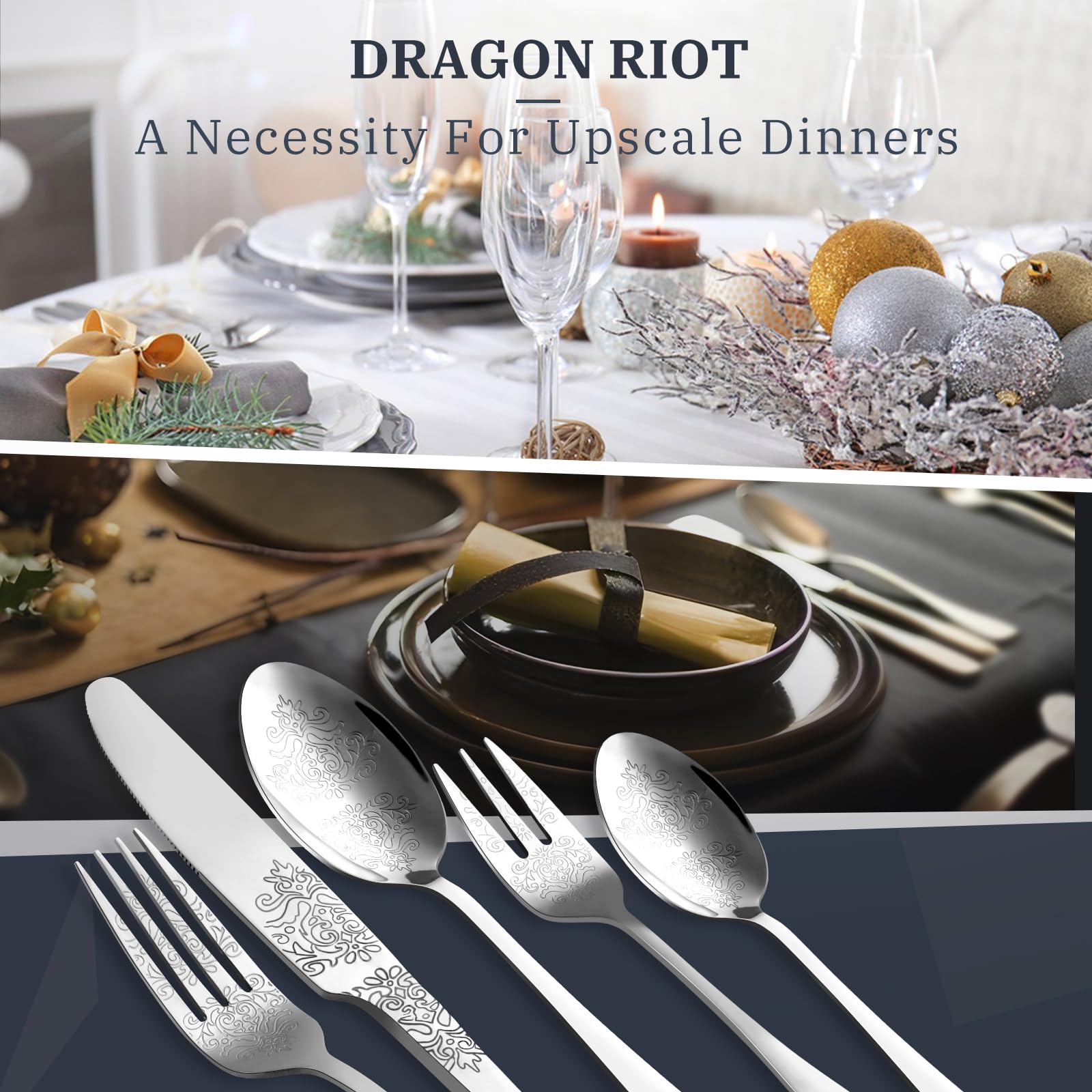 DRAGON RIOT Besteck Set 60-Teilig aus Edelstahl in Silber für 12 Personen | Elegantes Besteckset mit Messer, Gabel und Löffel, Spülmaschinenfest, Ideal für Haushalt, Party & Restaurant