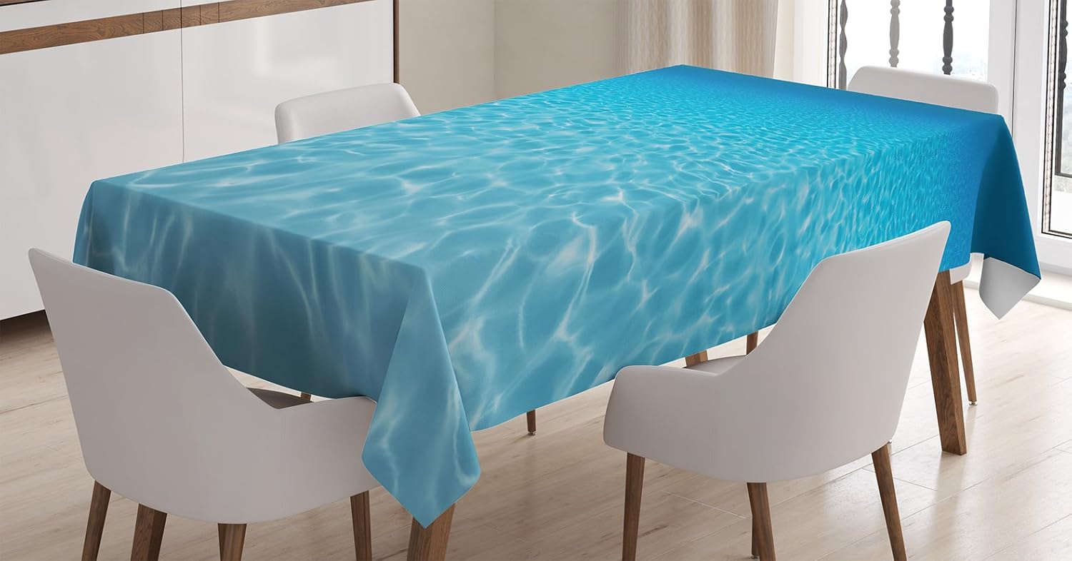 Ambesonne Ocean Tablecloth, Tranquil Underwater Scenery Clean Sandy Bottom Surface Sun Rays Coming, Dining Room Kitchen Rectangular Table Cover, 52" X 70", Blue Aqua