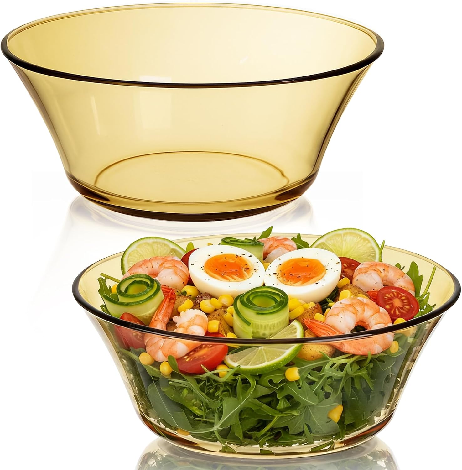 ZEAYEA 2 Pack 9 inch Glass Salad Bowls, Round Serving Bowls for Mixing Salad or Cereal, Amber Glass Prep Bowls for Cooking Baking Prepping, Dishwasher Safe