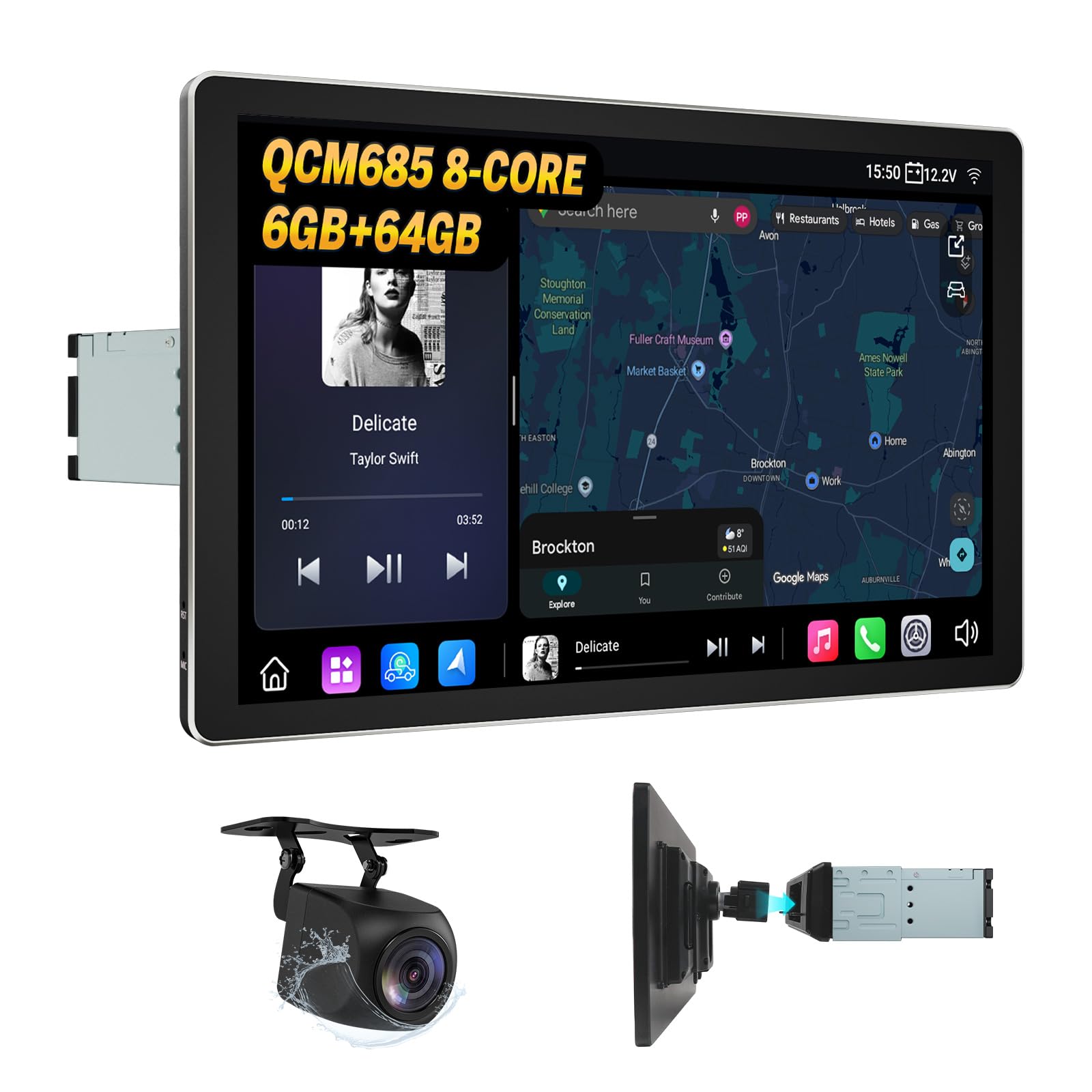 Eonon 10,95 pollici 1-Din con processore octa-core Android 13, 6+64 GB di RAM, 4G GPS, CarPlay, Android Auto, DSP, Bluetooth, mirroring dello schermo, schermo diviso e telecamera posterio