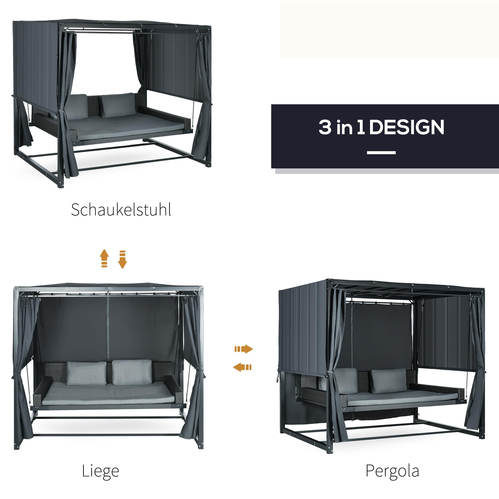 Outsunny Hollywoodschaukel mit Pergola, wetterbeständige Gartenschaukel mit Kissen, Schaukelbett für Balkon, Garten, 235 x 180 x 210 cm, Dunkelgrau