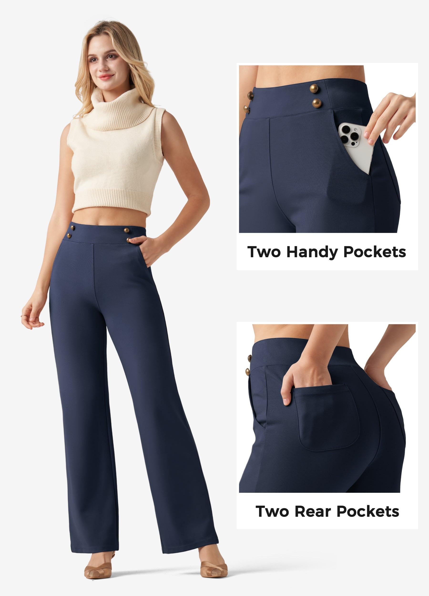 Willit Pantalones de vestir de pierna ancha para mujer, de cintura alta, elásticos, para trabajo, oficina, negocios, informales, con bolsillos pequeños/regulares/altos