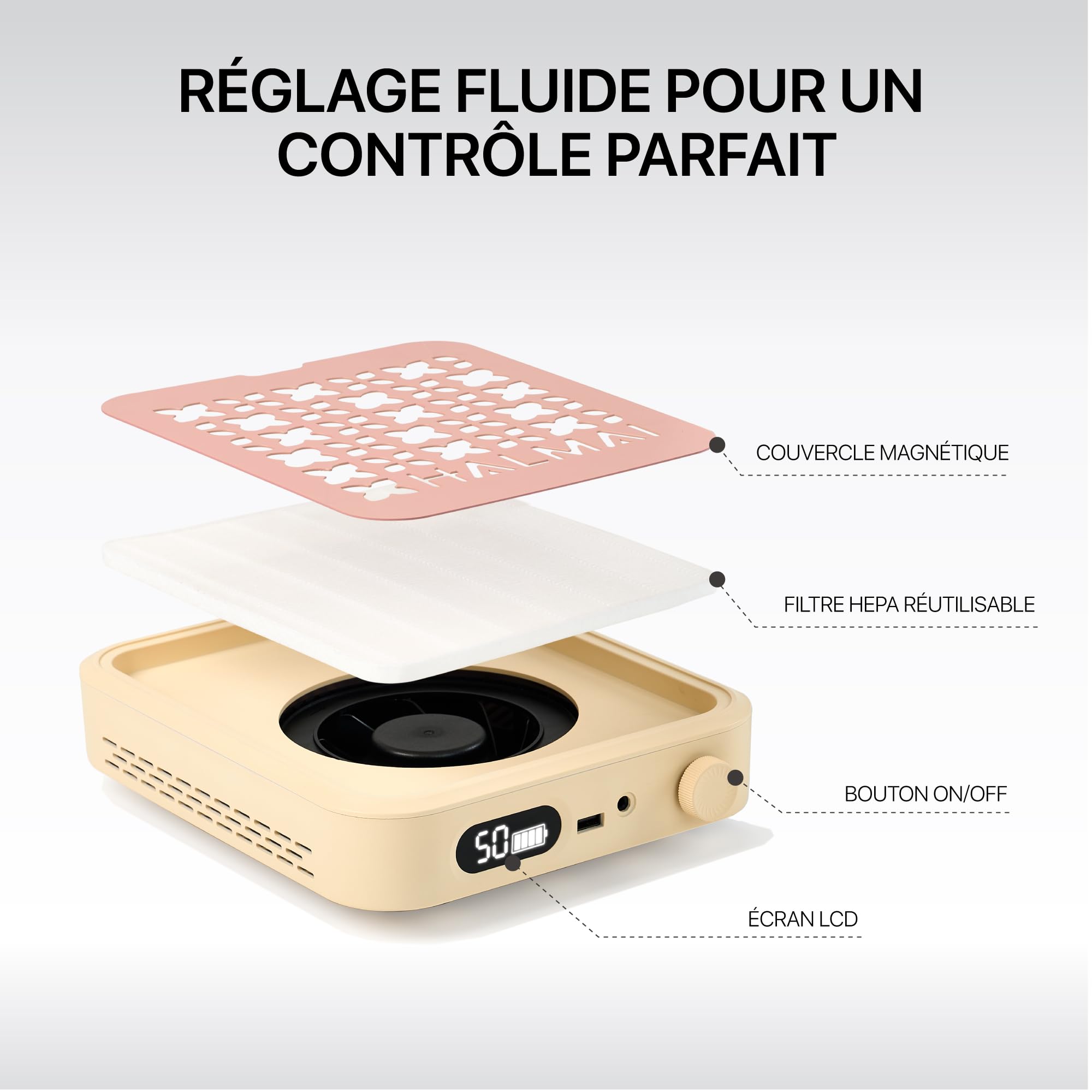 HALMAI Aspirateur à poussière rechargeable sans fil - 800Pa aspiration, moteur sans balais 5000 tr/min, portable pour onglerie (acrylique/gel), filtre HEPA , multi-couleurs (Rose brumeux)