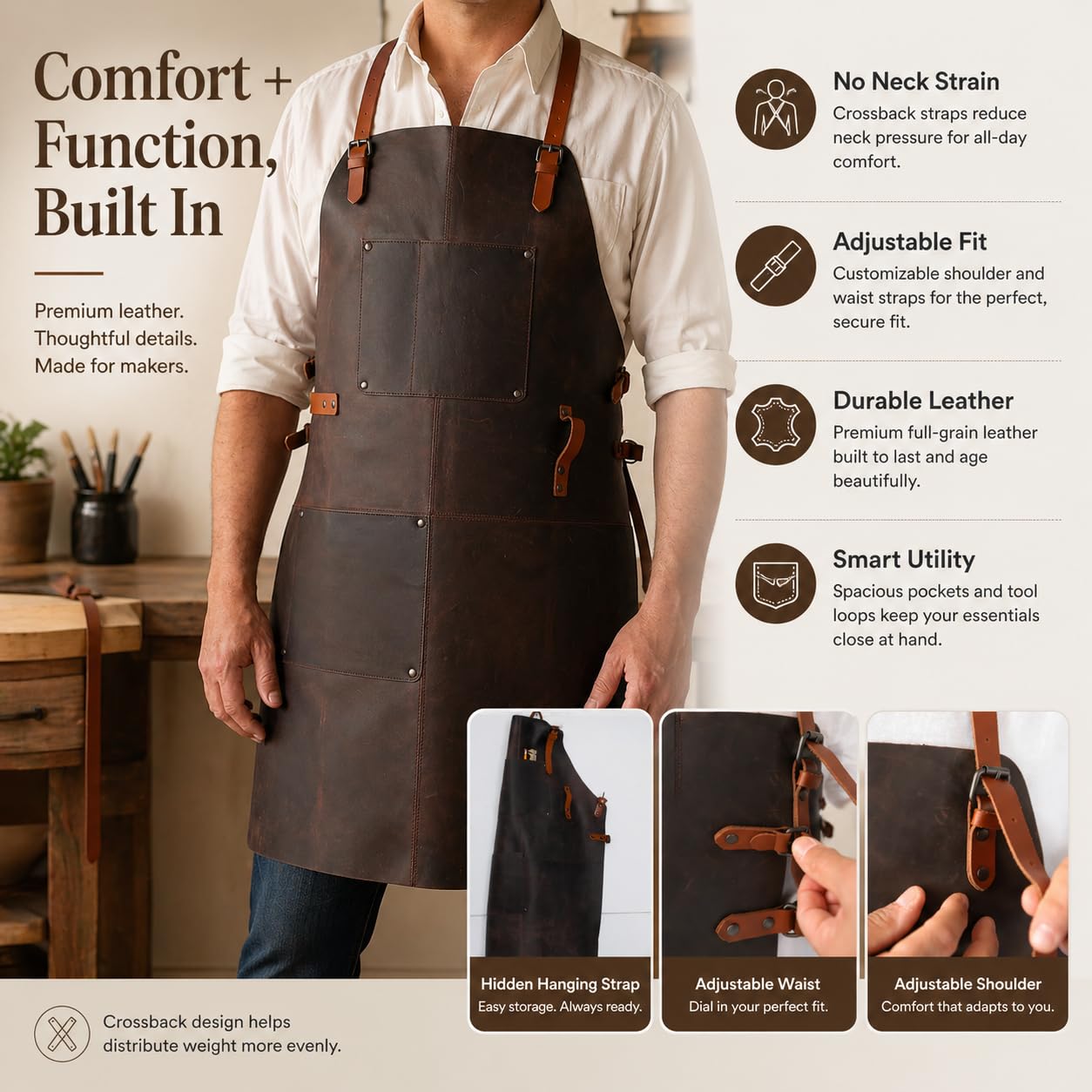 Theodore Grembiule in Pelle – Design Incrociato per Comfort Massimo, Perfetto per Barbecue, Cucina e Lavoro, con 2 Tasche Pratiche