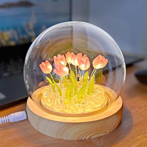 Veilleuse 10 LED en forme de tulipe avec base en bois et couvercle en verre de 1