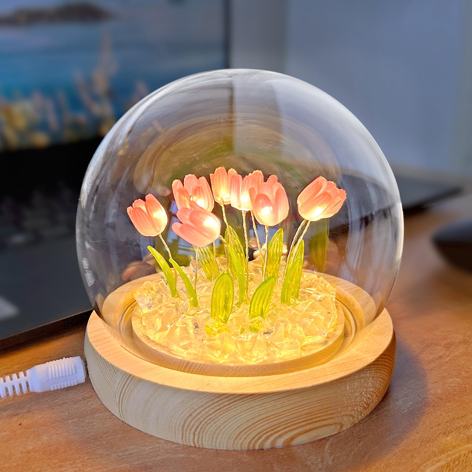 Kwiatowa lampka nocna 10 LED tulipanowa lampka nocna z drewnianą podstawą i szklaną pokrywą 9 cm 5 V 1 A zasilana kablem USB, ciepła lampka nocna do dekoracji domu, prezent dla dzieci, rodziny