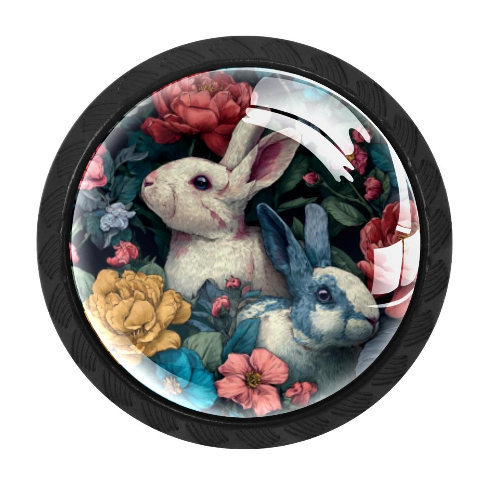 CHENZZZZ 4 Pack Black Easter Rabbits Floral (36) Drawer Knobs, Cabinet Knobs Round Glass Knobs for Kitchen Cabinet Hardware Bathroom 35MM