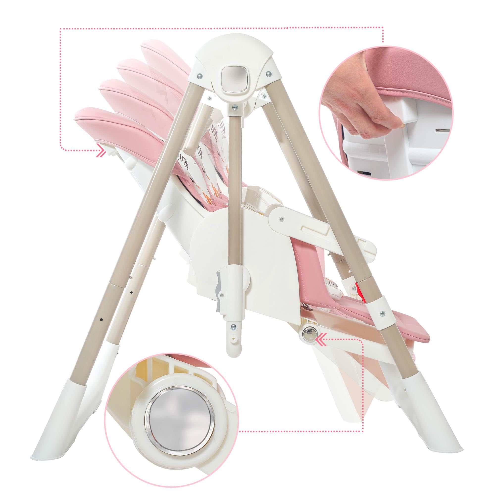 Baby Vivo Chaise Haute pour Enfants 3in1 Transat Réglable avec Repose-Pieds - Chaise Haute Bébé Combinée Chaise Balançoire Dossier Réglable Plateau Amovible - Lulu en Rose