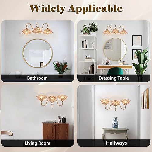 Miniatura 5 de Vintage Bathroom Vanity Light, 3-Light Matte Brass Finish Vanity Light with Flower-Shaped Amber Glass Shades, Retro Wall Sconce for Bathroom,