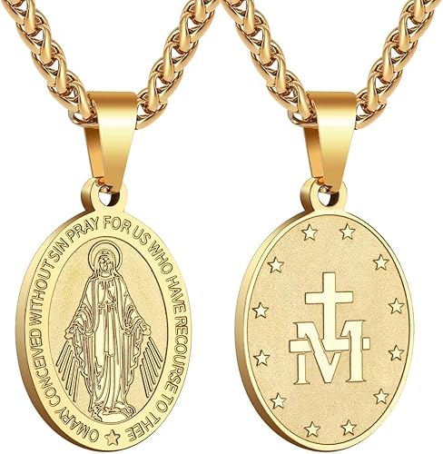 P. BLAKE Oval Saint Christopher/Michael/Joseph/Jude/Virgin Mary/Joseph/Francis/Patrick/Anthony/Benedict/Thomas Necklace for Men Women, Stainless Steel Catholic Patron Pendant with Chain 24 Inches
