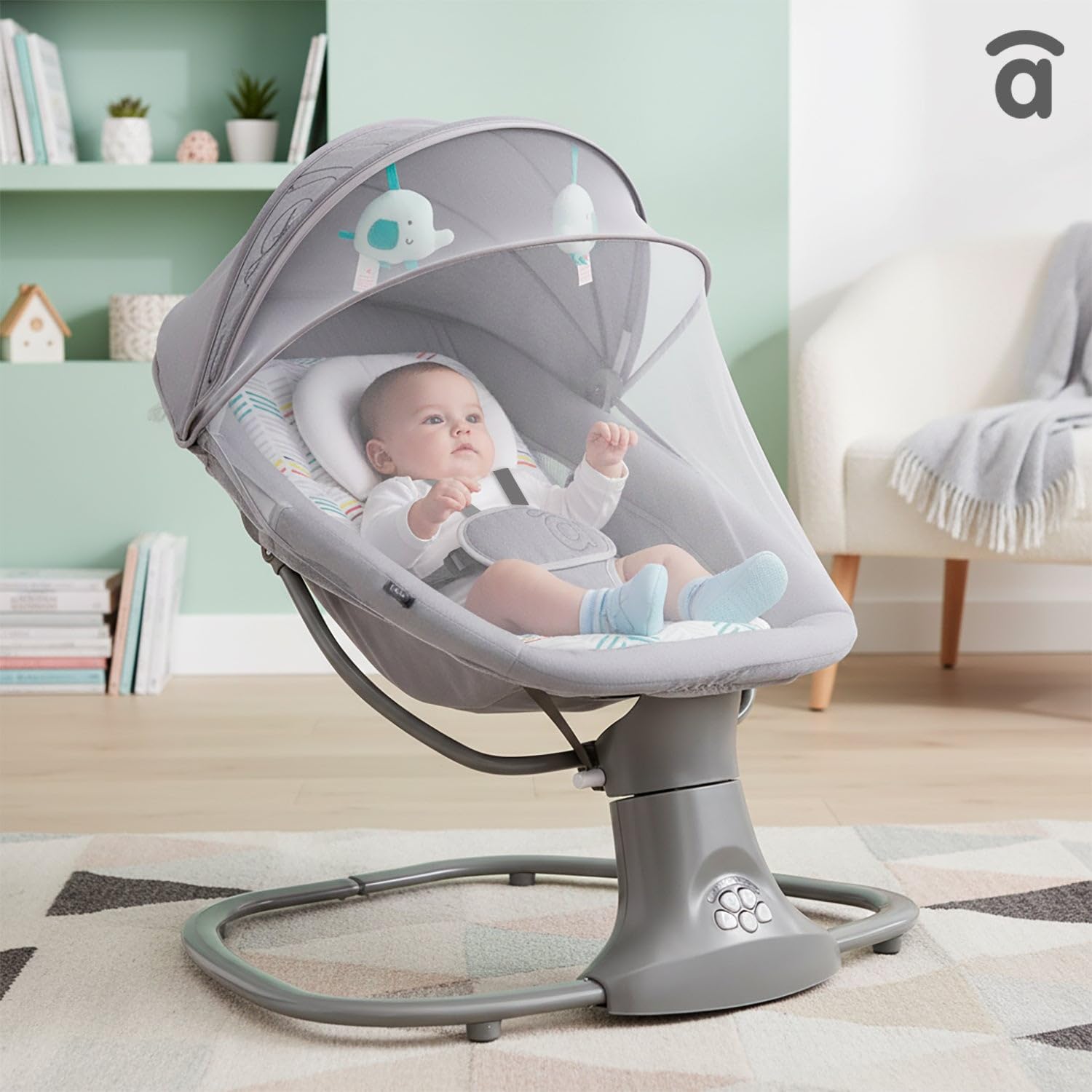 Asalvo Kahlo Hamaca Balancín con Música y Bluetooth, Balanceo Automático 5 Niveles, Capota con Mosquitera, Juguetero con 2 Juguetes, reposa Cabezas, Desde 0 Meses hasta 9 Kg, Textil Lavable, Gris