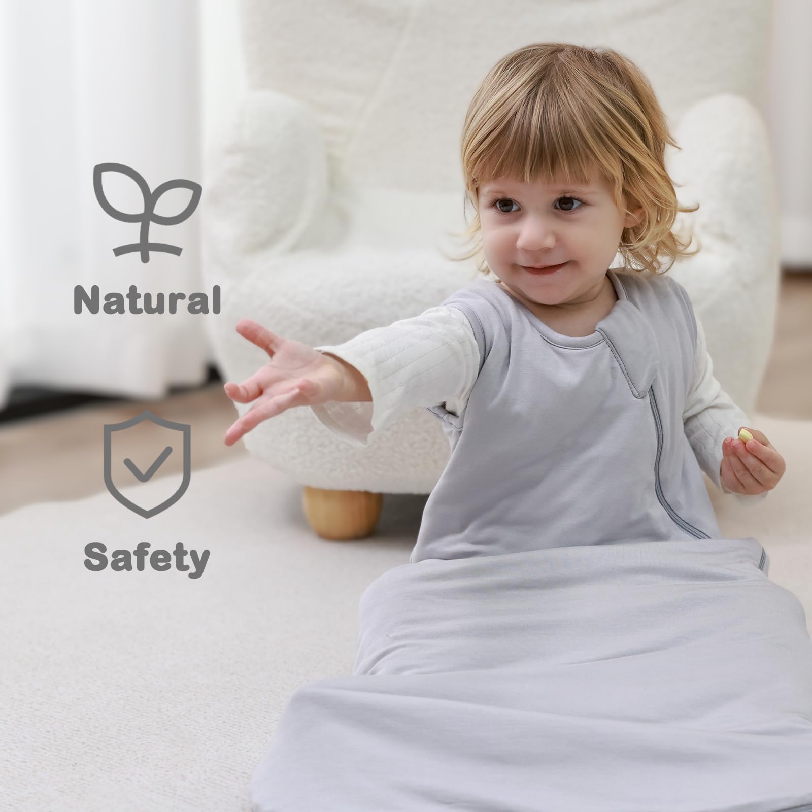 Mosebears Sacco nanna invernale per bambini 2,5 tog,Sacco Nanna Neonato in fibra di bambù, morbidissimo e caldo(6-18 mesi,Light grey)