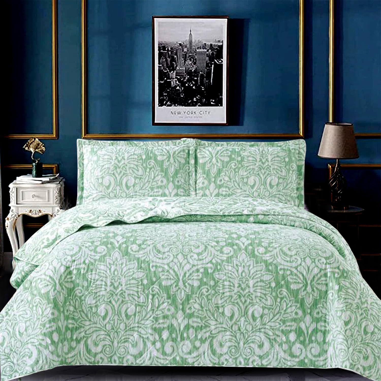 OZMIC Quilted Bedspreads Patchwork Throw - Box Pattern Cotton Filling Vintage Bedding Double Bed Bedspread - Hypoallergenic Quilt Coverlets 3PCS Bedding with Pillow Shams - Royal Damask Green