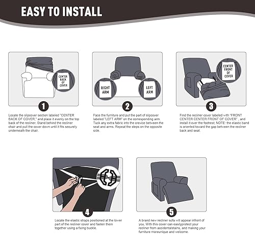 Vista 53 de KinCam Fundas para sillas reclinables, funda elástica y reclinable, fundas para sofá reclinable, fundas de sofá reclinable a rayas, fundas Gris