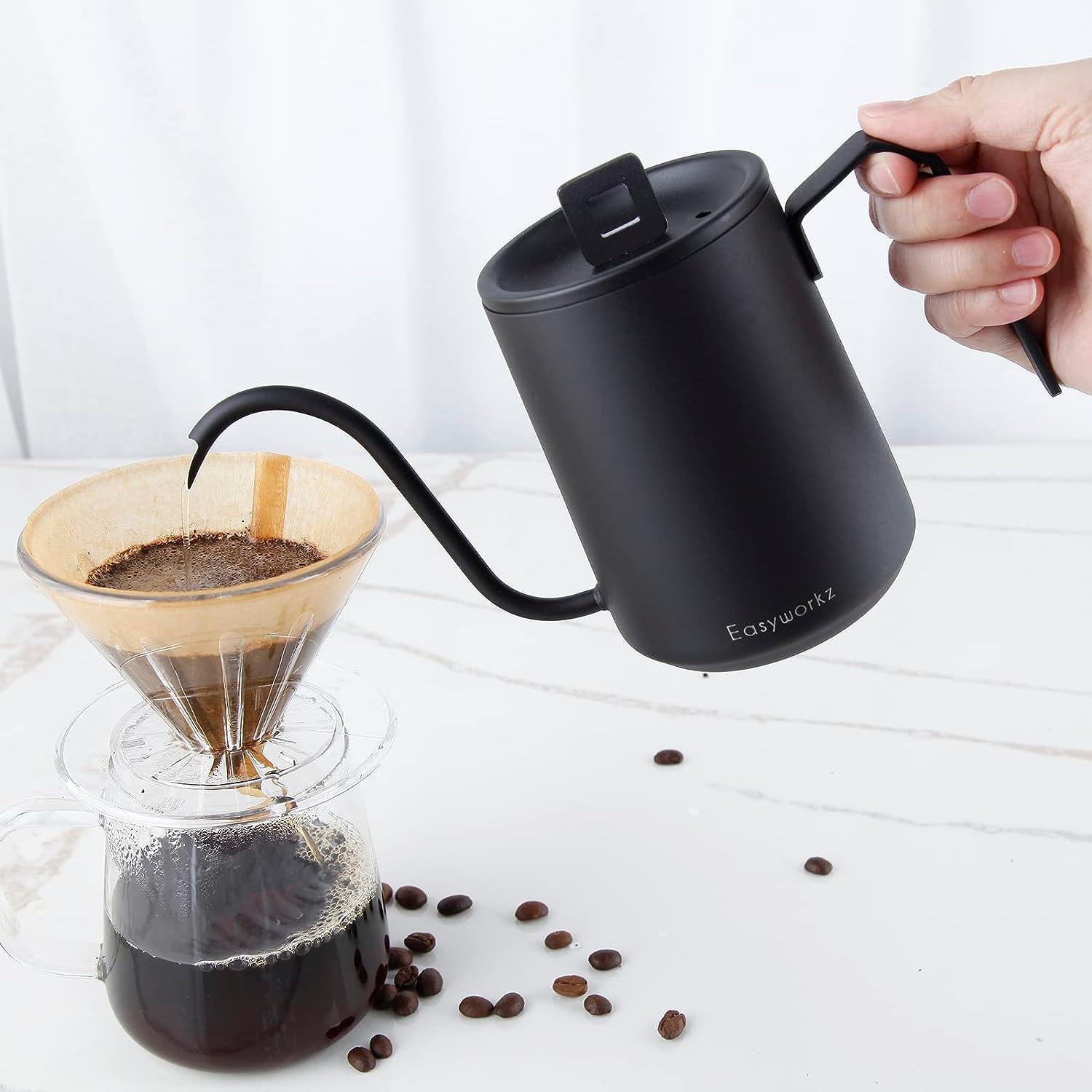 Easyworkz Giet over Waterkoker Roestvrij Staal Zwanenhals Lange Smalle Druppeluitloop Koffie Pot 600ml (Zilver