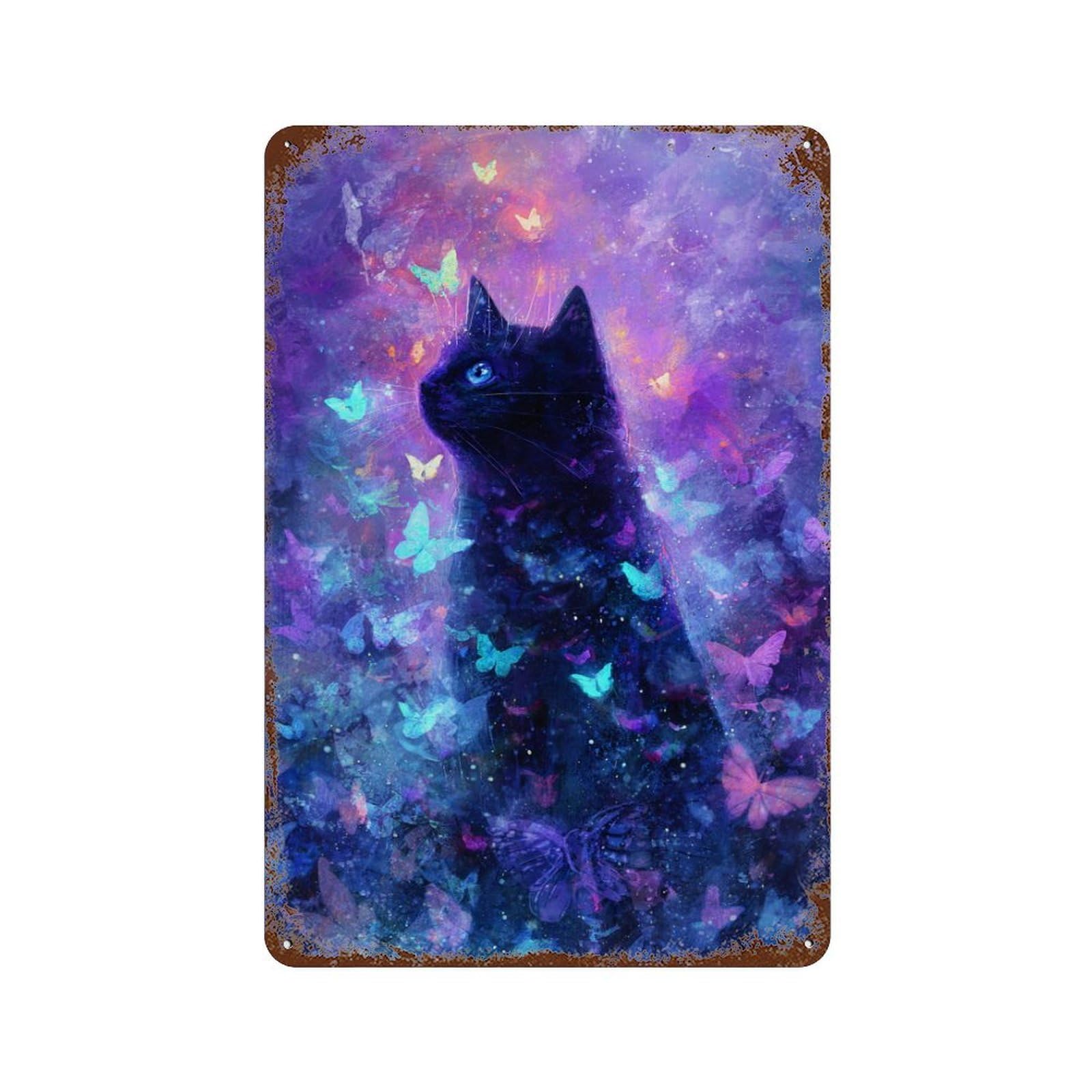 Distressed Metal Wall Sign Enchanted Butterfly Cat Art Print 11.8"x7.9", Rustic Home Decor for Farmhouse, Kitchen And Entryway Decor