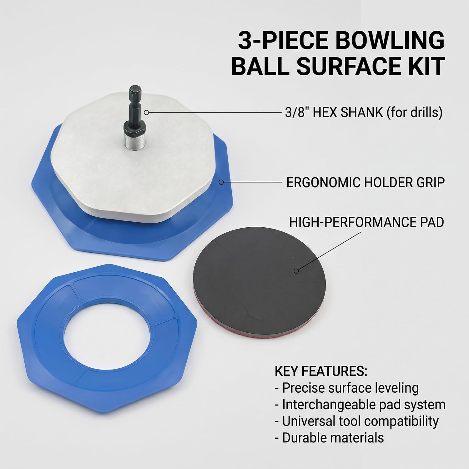 Bowling Ball Surface Kit – Complete Drive Adapter, Sanding Pad Holder & Polishing Pad, 3/8" Hex Shank Fits Standard Drill Chucks, Works with 5" & 6" Pads, Powered Surface Maintenance System